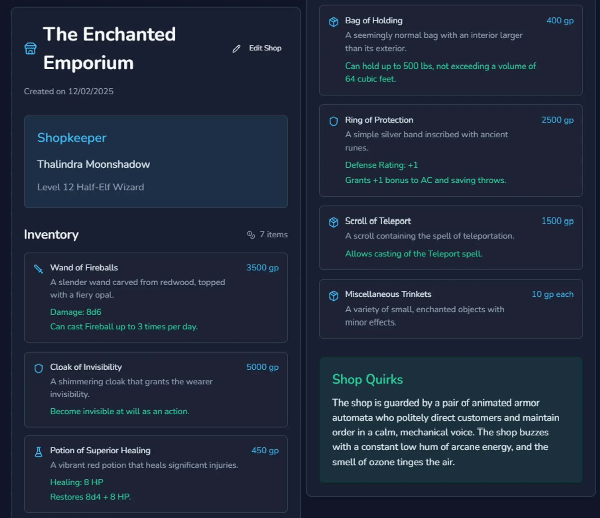 Shop generator from CharGen