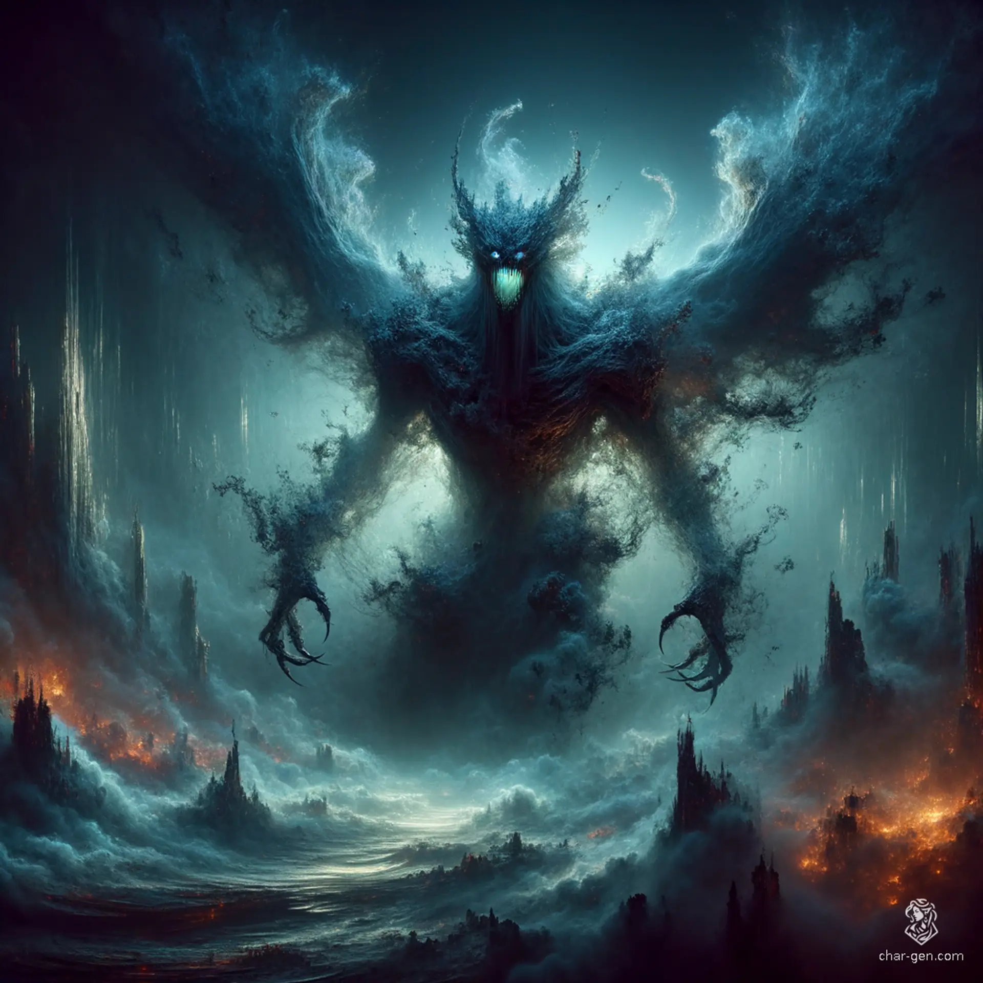 An ethereal shadow demon surrounded by thick dark shadows, the formless, smoky figure has no wings but features a terrifyingly big mouth. Its entire being is shrouded in darkness, making it a sinister and elusive entity.