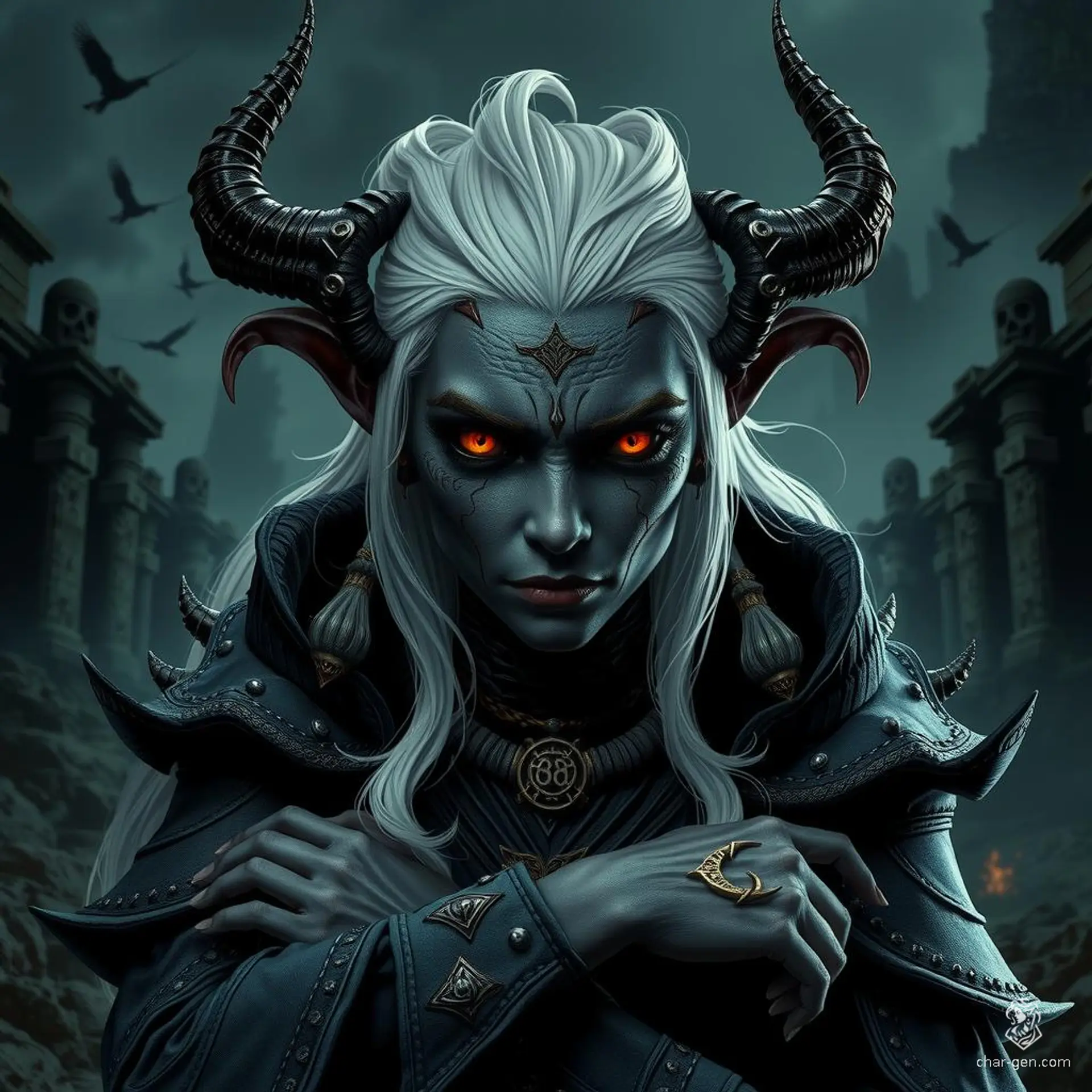 A black-skinned Drow sorceress with white hair, draped in enchanted garments adorned with arcane sigils, exudes a powerful magical aura. Her distinct dark complexion sharply contrasts with her mystical attire, highlighting her enigmatic and formidable presence.