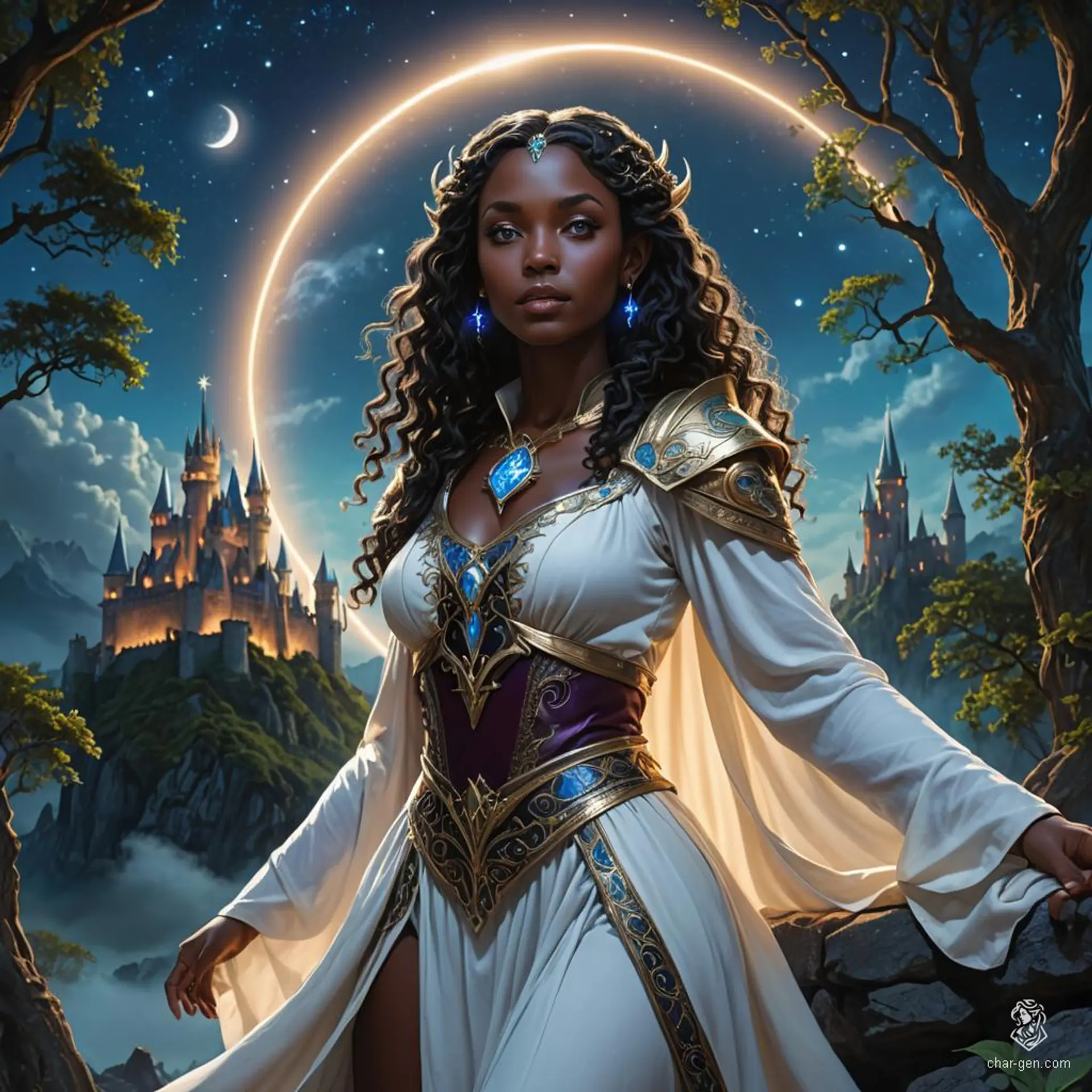 Beneath a starlit sky, a captivating half-elf cleric, with dark skin and flowing white curls, stands serenely. Her blue eyes gleam with moonlit magic, embodying her deep devotion to the moon goddess. Adorned in sacred robes and wielding healing powers, her presence offers a tranquil embrace, merging monk-like grace with celestial guidance.