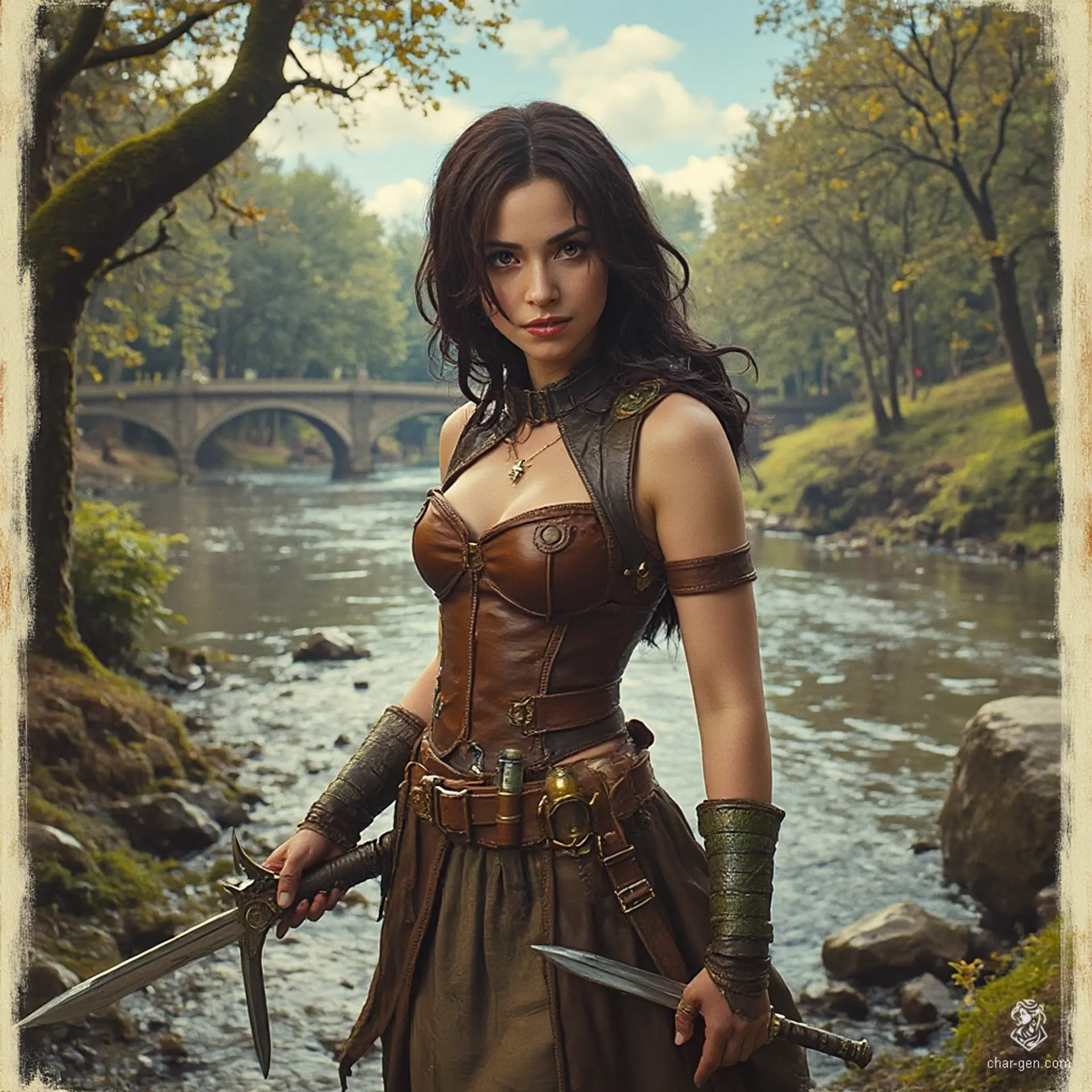 Izzy, the newly emancipated assassin, is a perky halfling with a dangerous allure. Standing at 1.5 meters, her striking yellow-green serpentine eyes and shimmering green scales hint at her lethal nature. Dressed in tight brown leather, she lies in wait, a confident predator armed with poisons and concealed daggers, embodying a thrilling blend of beauty and malice.