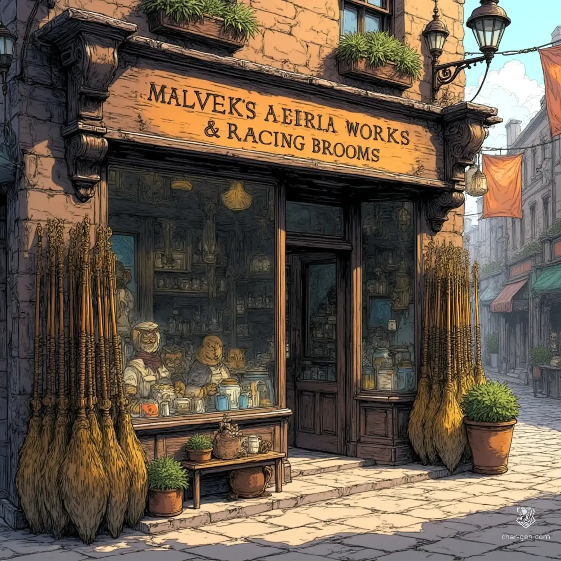Malvek's Aerial Works & Racing Brooms - AI-generated fantasy Shop