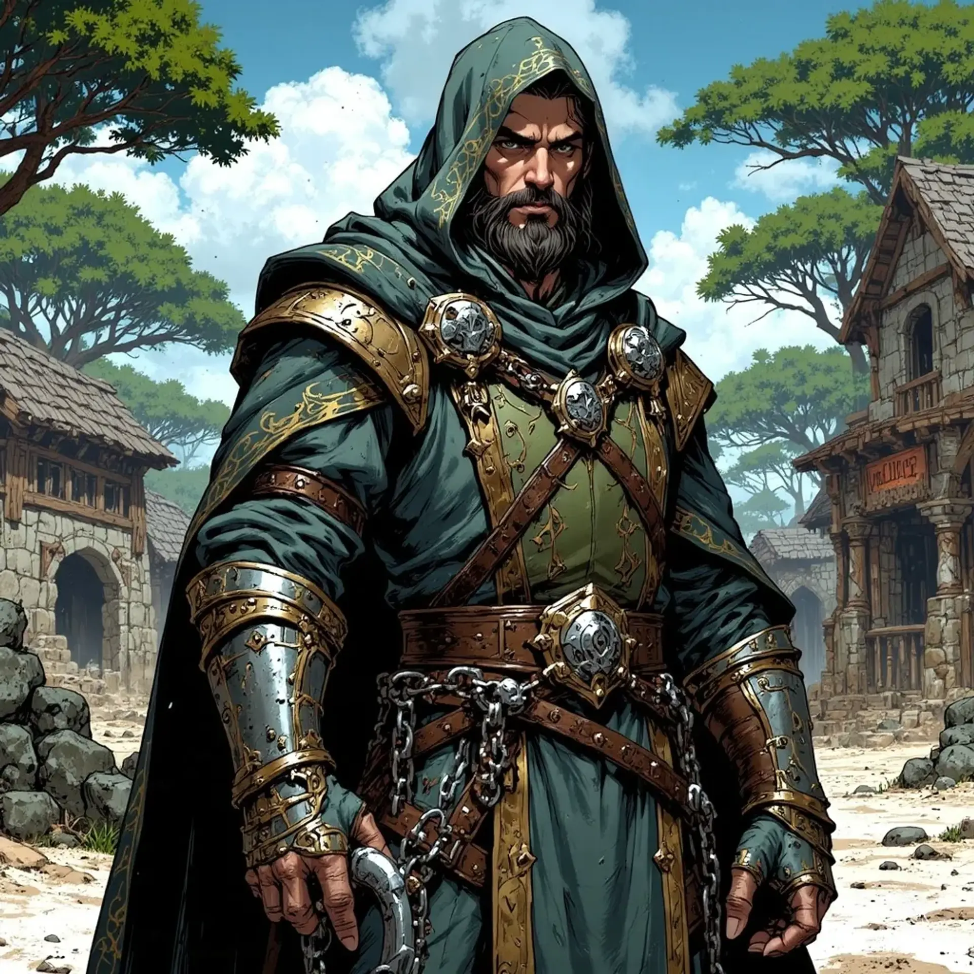 Torga Black-Hook is a gaunt, haunted prisoner turned penitent, his iron hook hand dragging heavy chains across the barren salt flats. Clad in patched gray robes under harsh sunlight, he embodies rugged endurance and somber resolve in a RuneQuest-realistic, high-contrast fantasy scene.