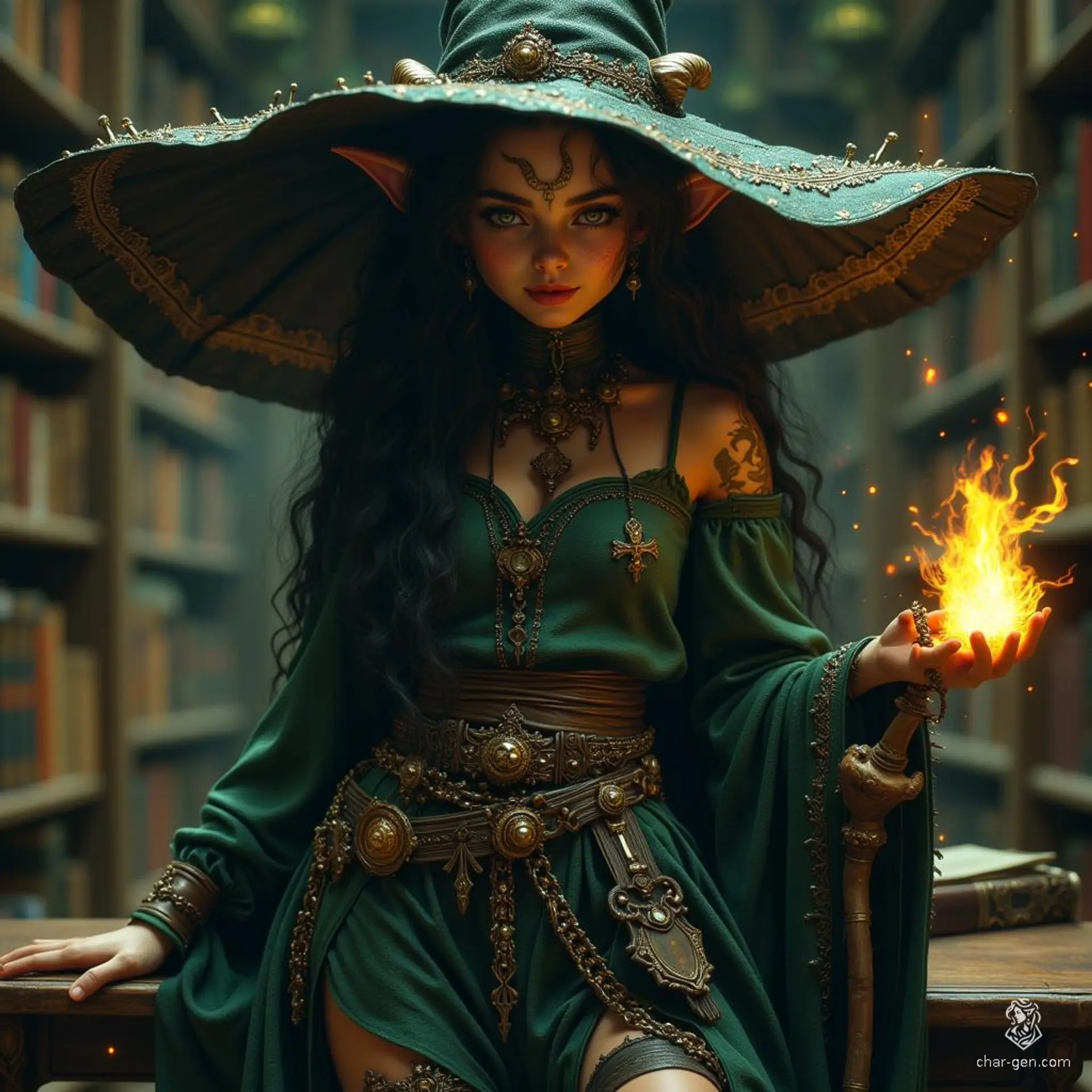 A charming yet mischievous tiefling wizard, adorned in black and green attire, captivates with fully black eyes and a malicious smile. Her thick-rimmed witch hat conceals small horns, while her wide skirt and thigh-highs add a playful flair. Set against a library desk backdrop, she exudes enchanting allure and dark cunning.