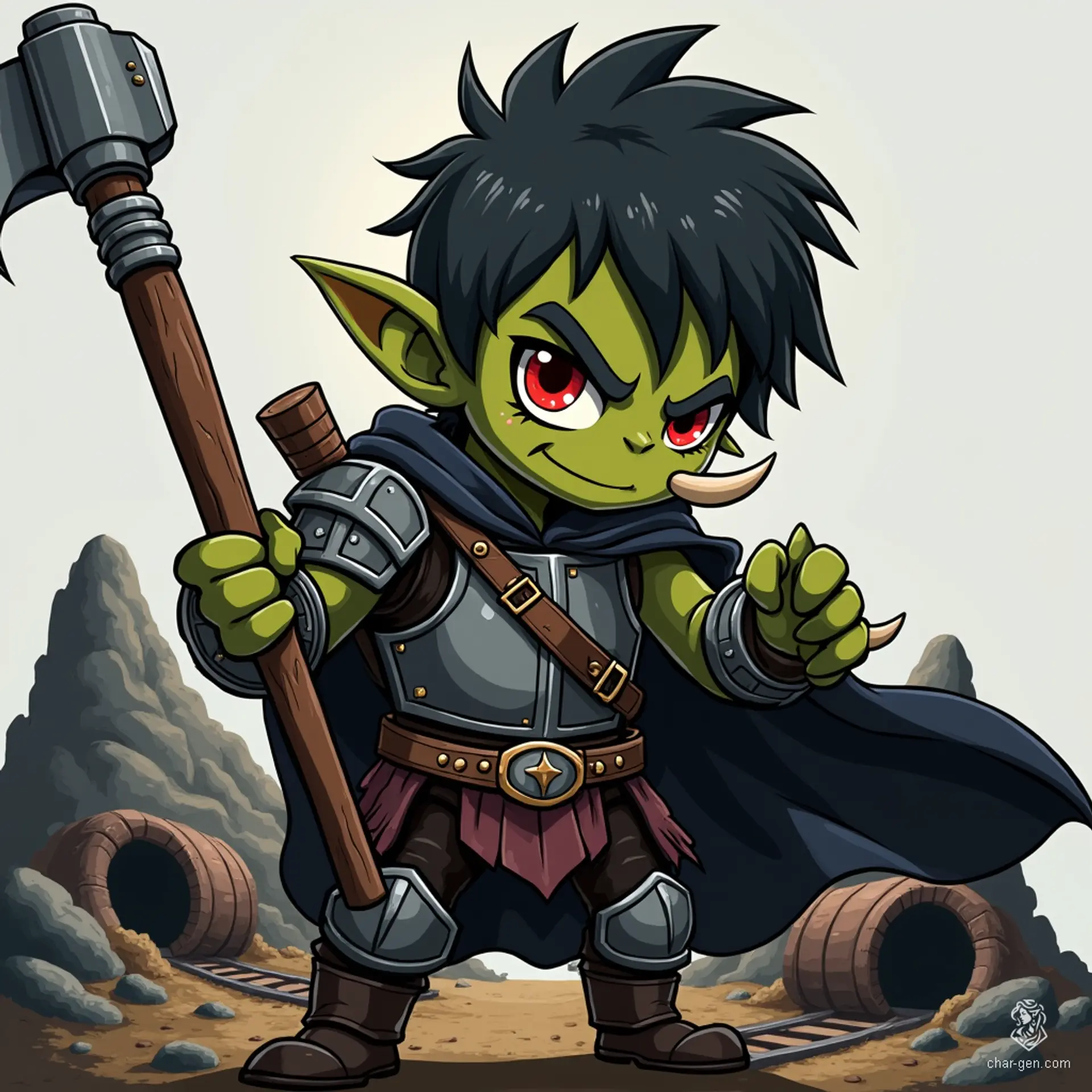 An imposing orc warrior stands heroically, clad in steel armor accented with brown leather straps and a dark cloak. His green skin contrasts sharply with his messy black hair and fierce red eyes. Prominent tusks jut from his jaw, while a double-headed axe rests confidently on his back, ready for battle.