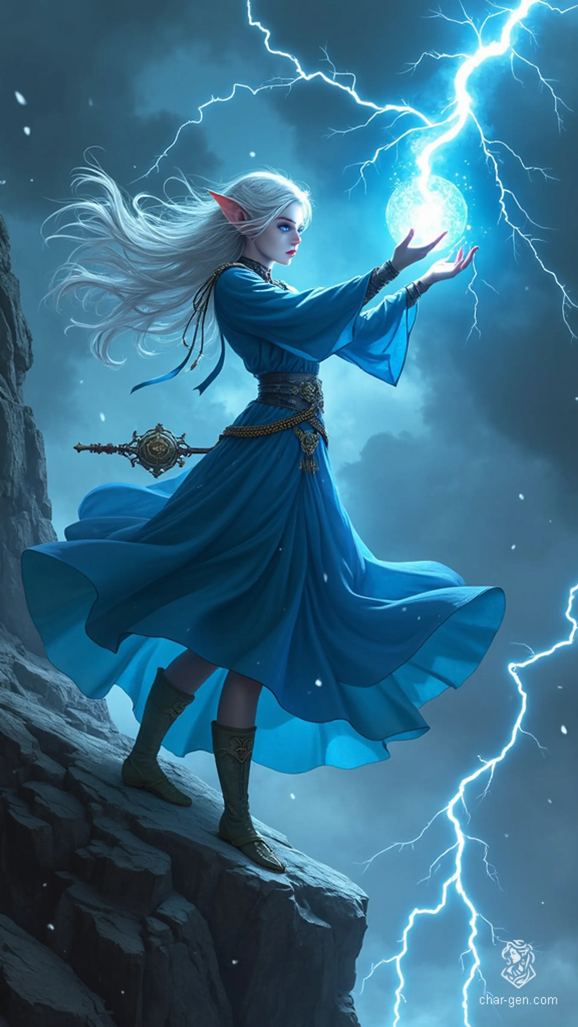 A fierce half-elf wizard with platinum blonde hair and electric blue eyes commands a storm. Clad in a shimmering azure dress adorned with arcane sigils, she wields a magical tome, shooting lightning from her fingertips, illuminating the cliffside.