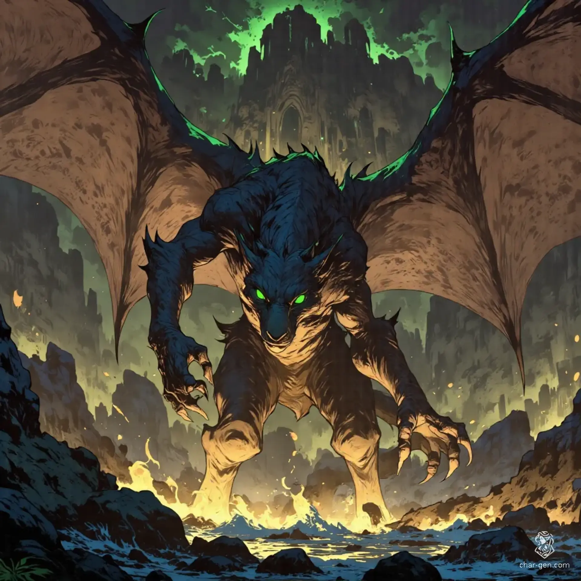 In a vast, shadowy cavern, an epic displacer beast-dragon hybrid prowls along an Underdark lake. Black dragon wings with green tips soar above, while glowing blue tentacles ripple menacingly beneath. Its panther-like head, adorned with a lizard's snout, glistens with dark scales. Acid drips from its claws as a mist rolls in, shrouding the eerie, still waters.