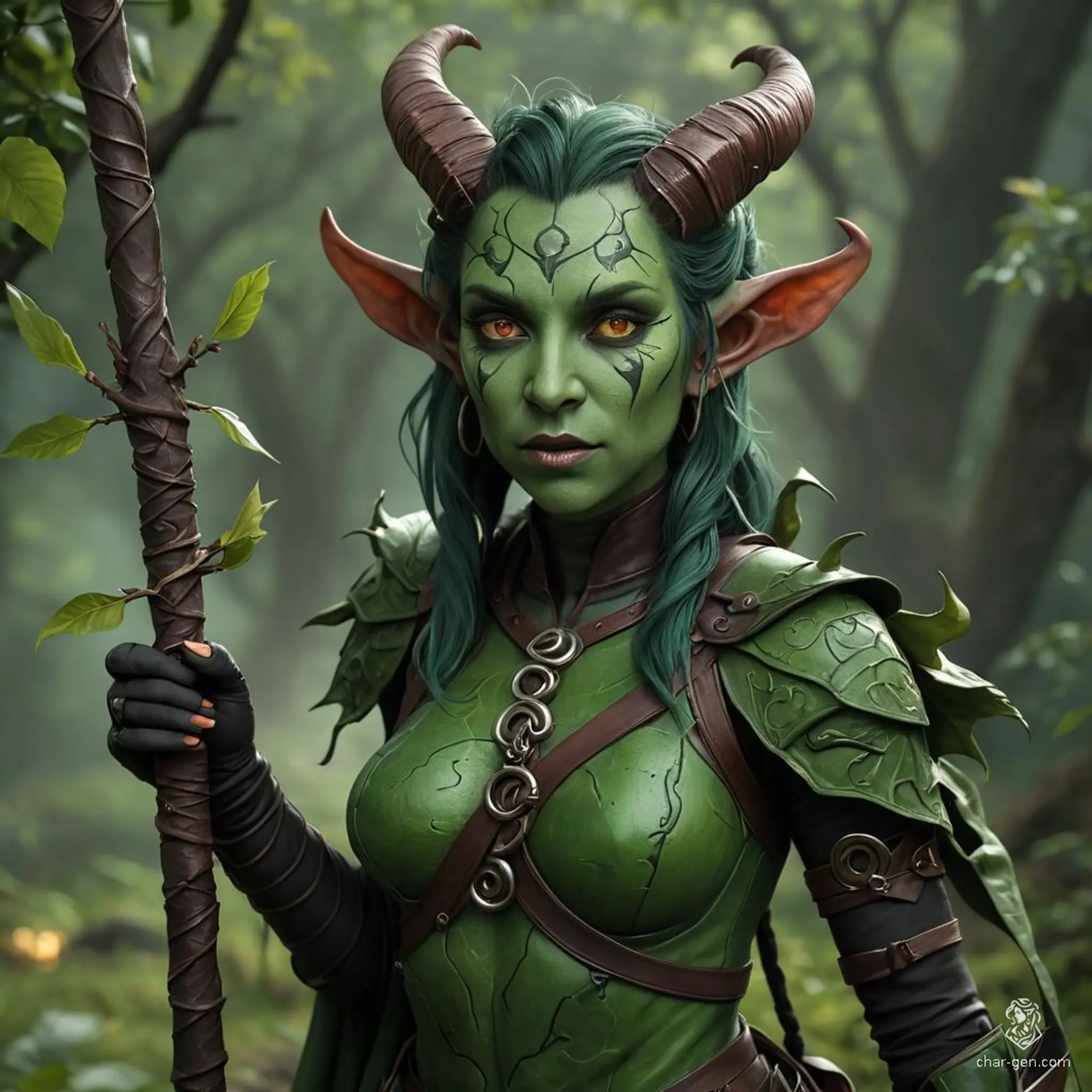 Lilith Valmoira is a green-skinned Tiefling druid, abandoned and raised with resentment toward humanity. Despite her devilish features, Lilith wields deep wisdom and intelligence, forging a bond with nature and animal companions. Her intricate hides and twig-adorned nature staff echo her connection to the world around her.