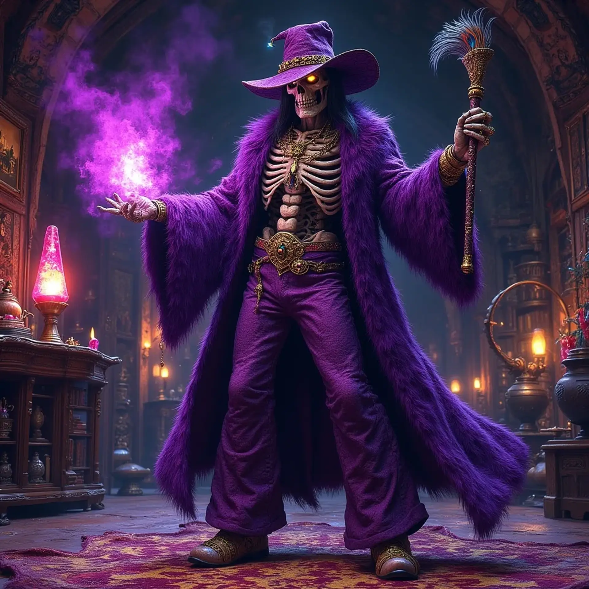 Alabaster Bones, the undead lich wizard, struts through his lair draped in a flamboyant purple fur coat and platform shoes. With a leopard skin-hatband and a dazzling pimp cane staff, he blends necromancy with 1970s blaxploitation flair, surrounded by arcane tomes and vibrant lava lamps.