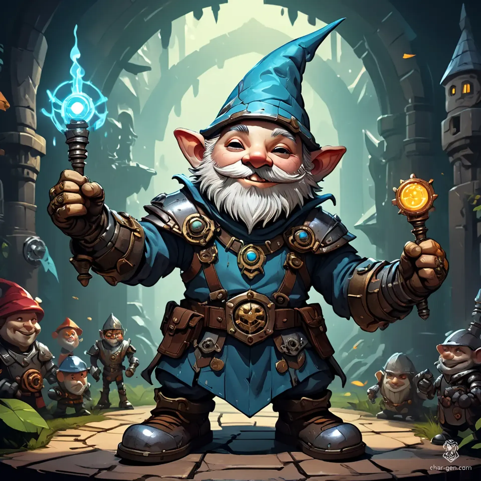 Meet the Autognome Artificer, a male cyborg with a face of polished metal adorned with intricate goggles. Surrounded by suits of armor, hammers, and anvils in his bustling armory, he masterfully crafts enchanted armor, blending gears and magic to protect valiant warriors.