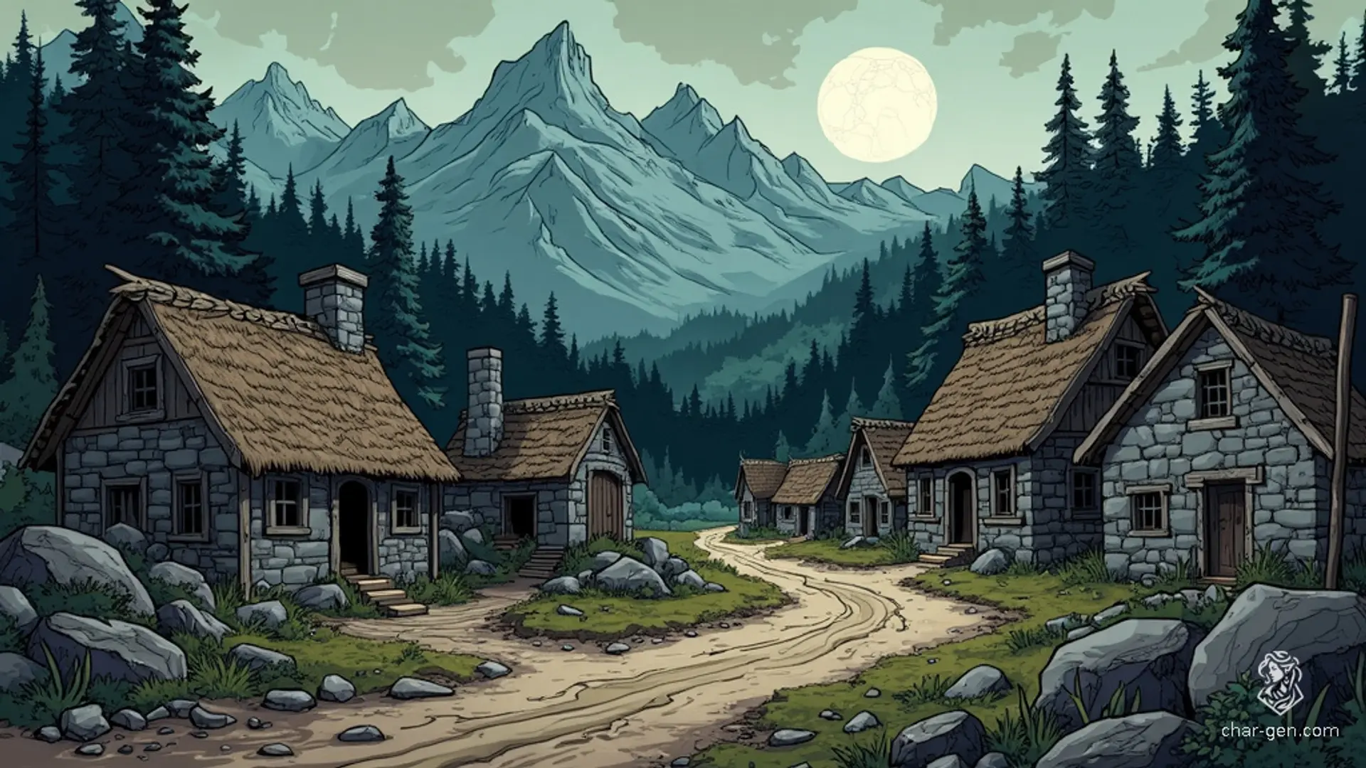 An isolated frontier town lies ensnared by the menacing Sword Mountains, its stone cottages and thatched-roof buildings shadowed by ancient ruins and jagged peaks. Muddy dirt roads weave through dense forests, and the dark, high-contrast environment conjures a brooding sense of foreboding and eldritch horror.