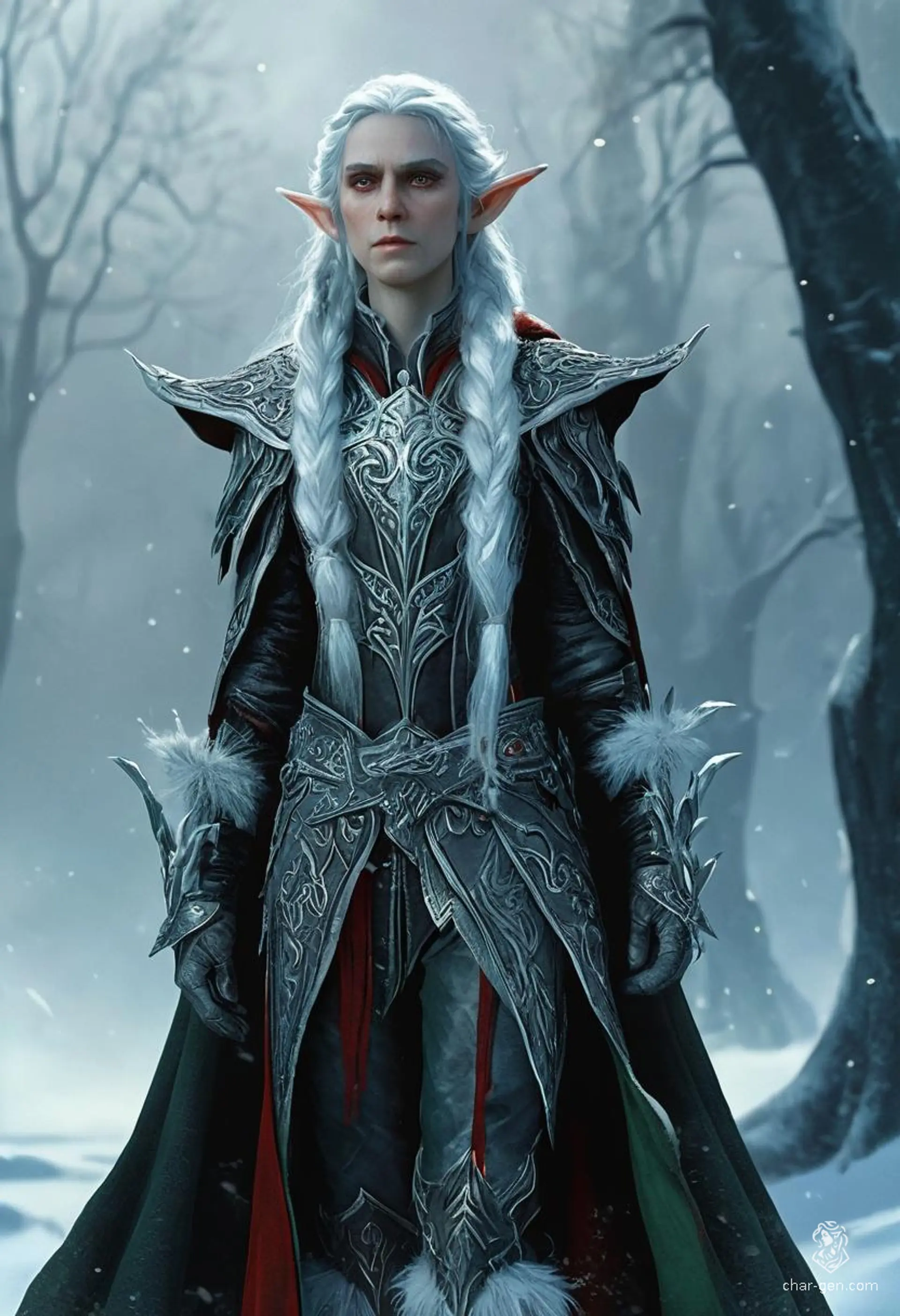 The Winter Elf is a seductive female rogue with cherry red hair, adorned in icy robes and black leather armor. Her frost-covered presence and light-footed stance give her an ethereal, stealthy allure, perfect for slipping unnoticed into the shadows.