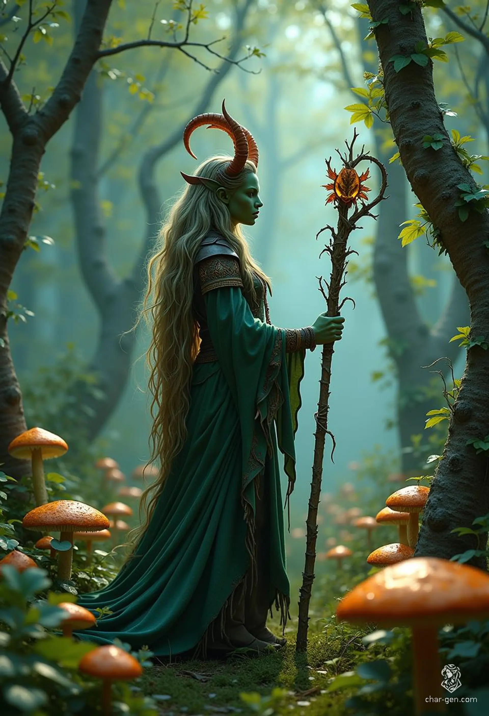 Lilith Valmoira, a wise Tiefling druid, navigates the cursed forests of Barovia with her twig-adorned staff and loyal animal companions. Distinctive for her green skin, devil-like horns, and intricate hides, she embraces her connection to nature, seeking solace among mushrooms while grappling with her dark heritage.