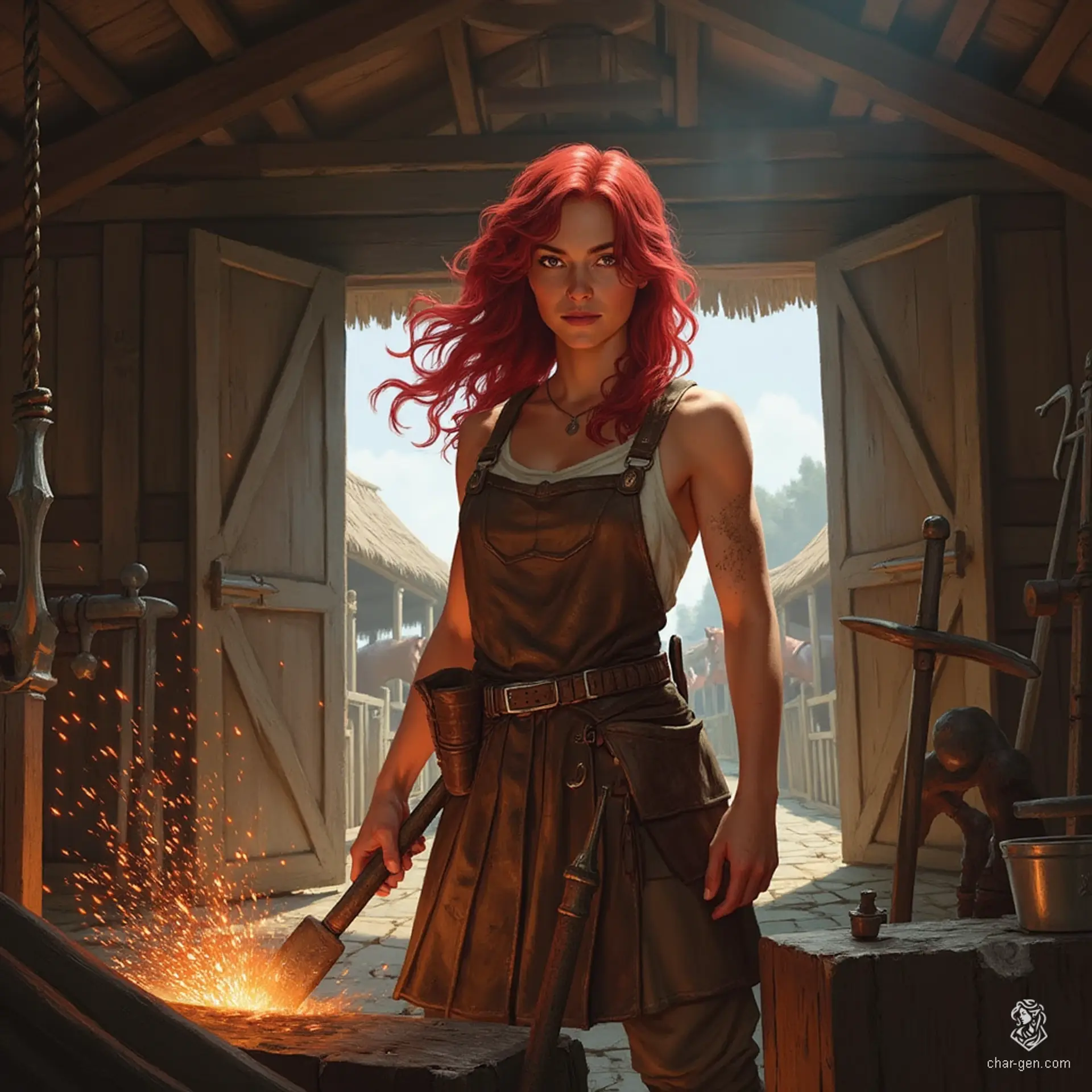A skilled female farrier, her athletic build showcases strength as she forges tools and weapons amidst flying sparks and the rhythmic clang of hammer on anvil. With bold, ripe cherry-red hair and distinct tan skin, she stands confidently beside her strong horse, embodying both grace and power.