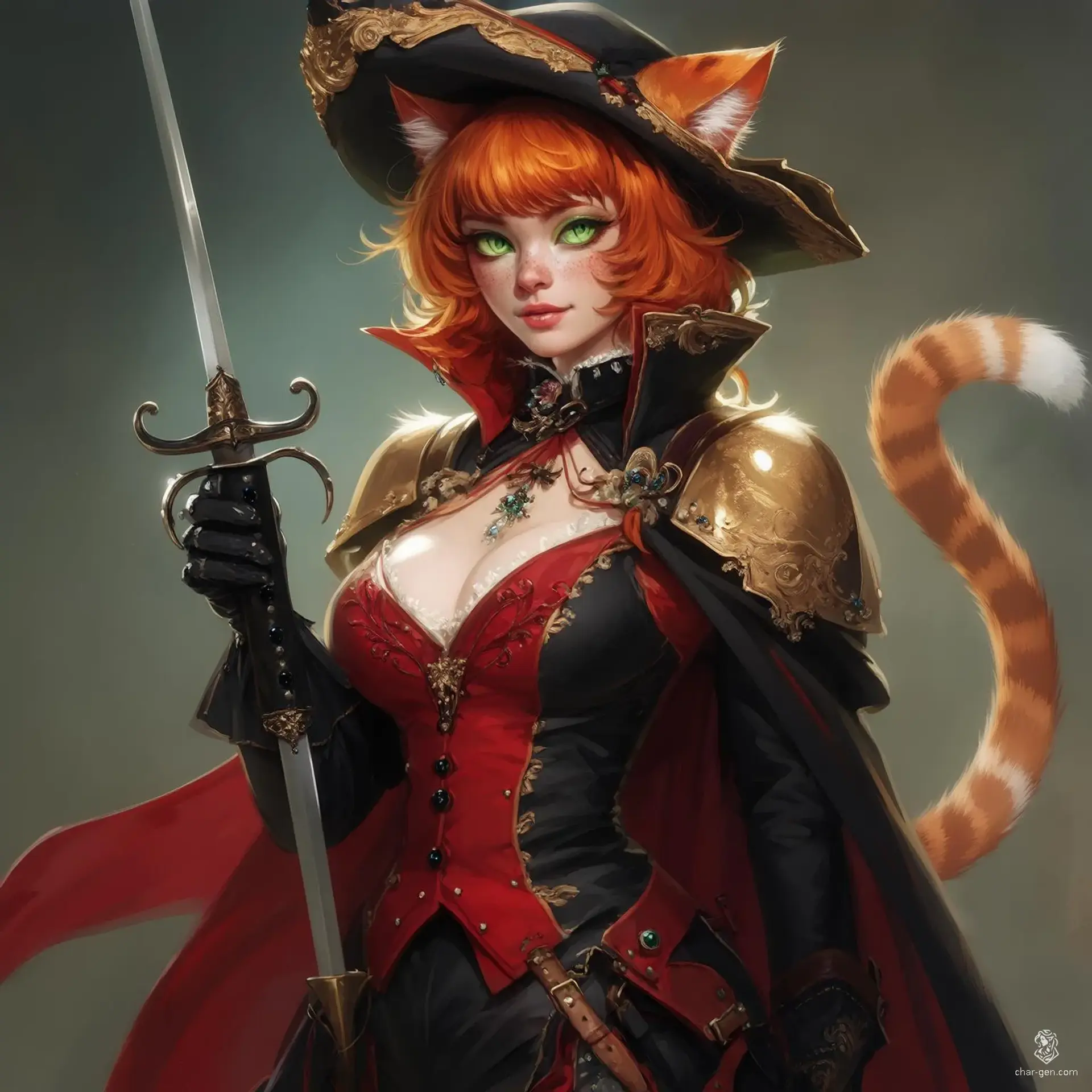 A striking female duelist bard blending French Renaissance flair with fantasy charm. With ginger hair, feline ears, and a flowing tail, she wields a rapier with grace. Her vibrant attire, cavalier hat, and fur accents complement her piercing green cat-like eyes, embodying elegance and agility.