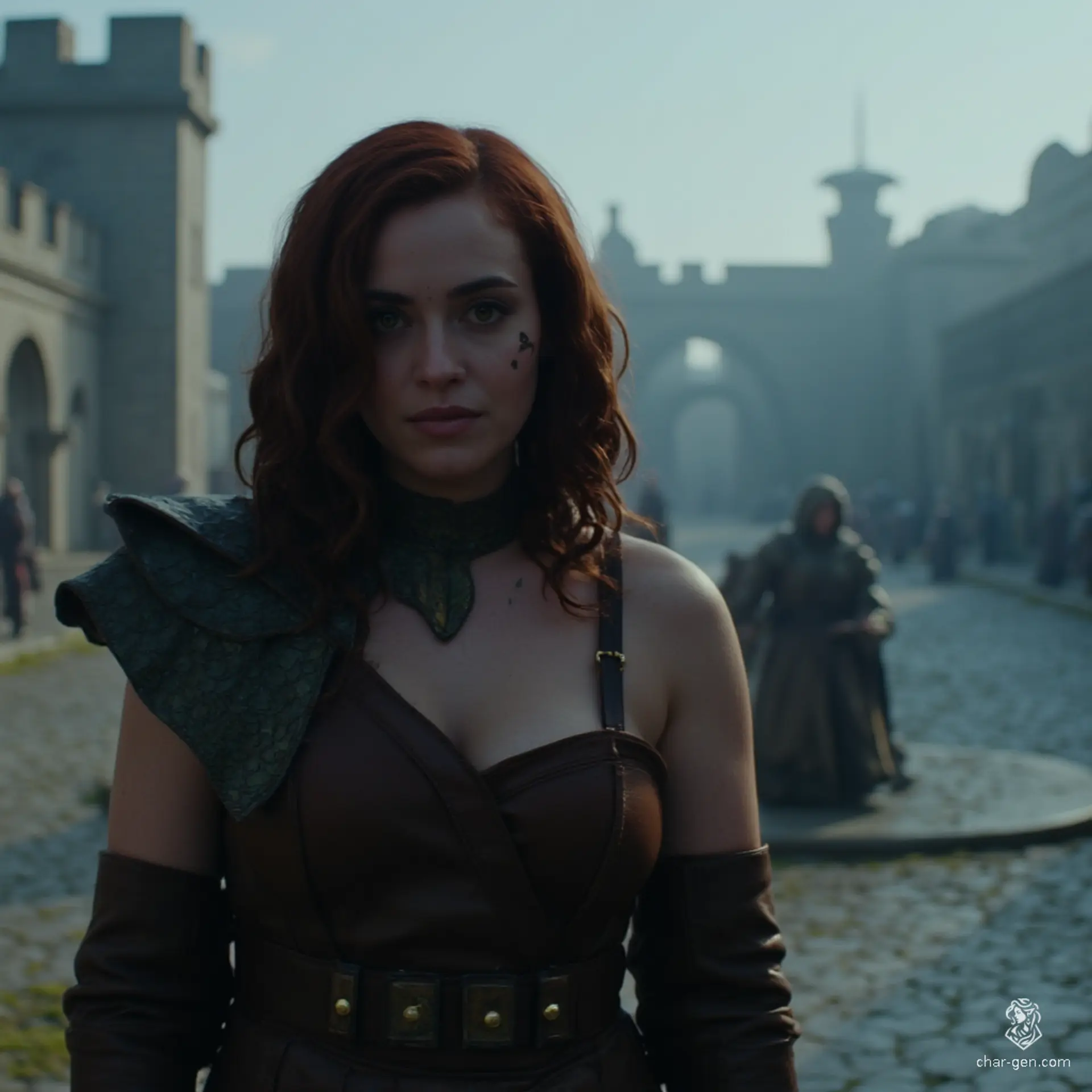 Izzy, a newly emancipated halfling assassin, melds beauty and peril. Her athletic, curvy form is adorned with subtly shimmering green scales, while her striking yellow-green eyes hint at her lethal prowess. Clad in practical leather armor, she embodies danger with a mischievous smirk, poised in the shadows, ready to strike.