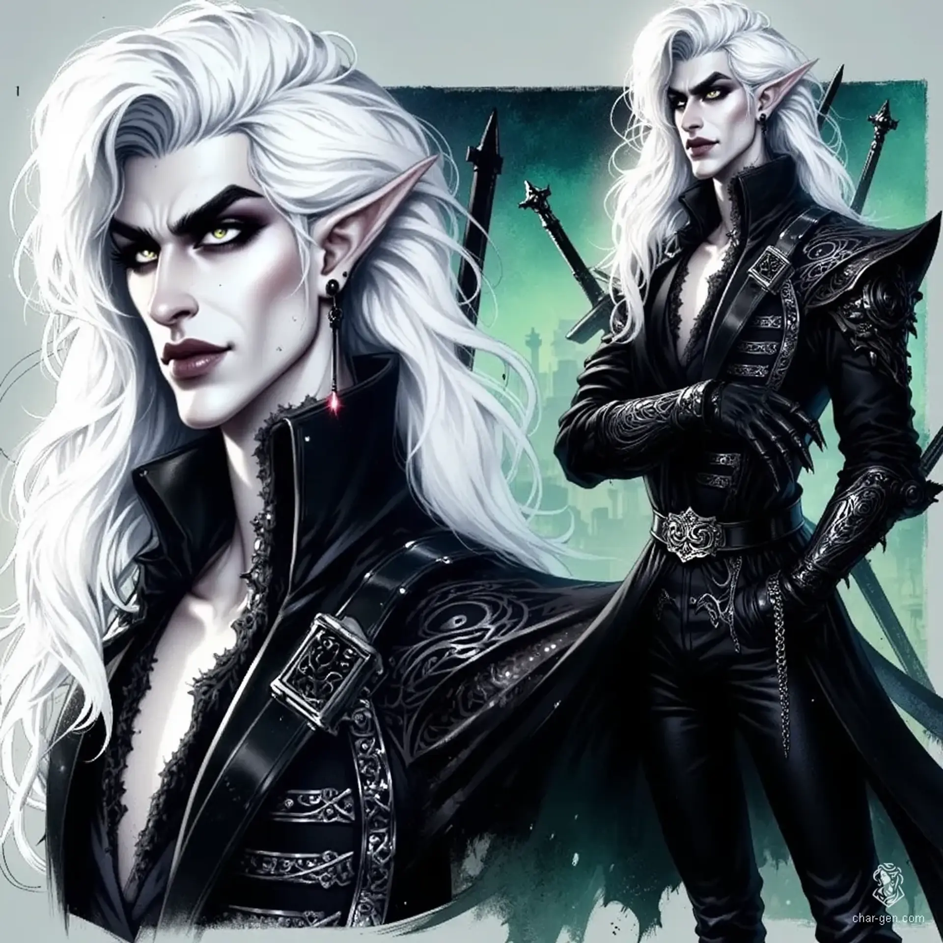 This male vampire elf is an undead aristocrat with a lean, muscular build and glowing pale eyes. Clad in elegant attire, his hypnotic gaze and razor-sharp fangs command respect and fear. His striking pale complexion contrasts dramatically with the shadows, embodying both allure and danger.