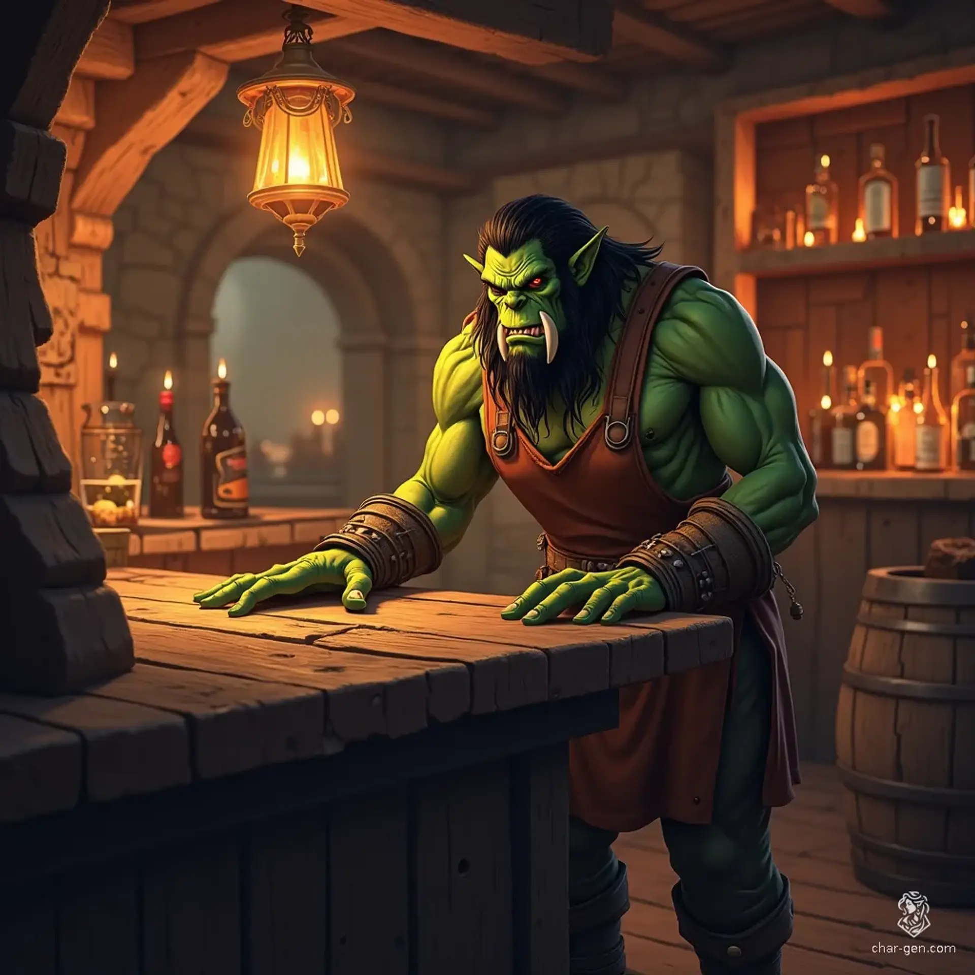 Meet Grorak, a towering orc bartender with jet black hair and vibrant green skin. His tusks and moderate build give him an imposing presence, yet he expertly wipes down the bar, serving drinks to lively patrons while weaving tales of adventure and camaraderie.