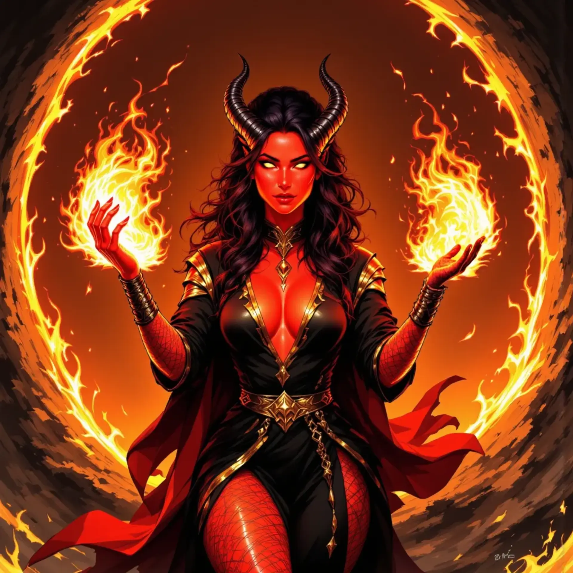 A mesmerizing tiefling warlock, her crimson skin illuminated by hellfire, stands confidently in black and gold robes that accentuate her curves. With smoldering horns and golden tattoos, she commands the chaotic energy of an infernal portal, drawing a shadowy figure from the abyss.