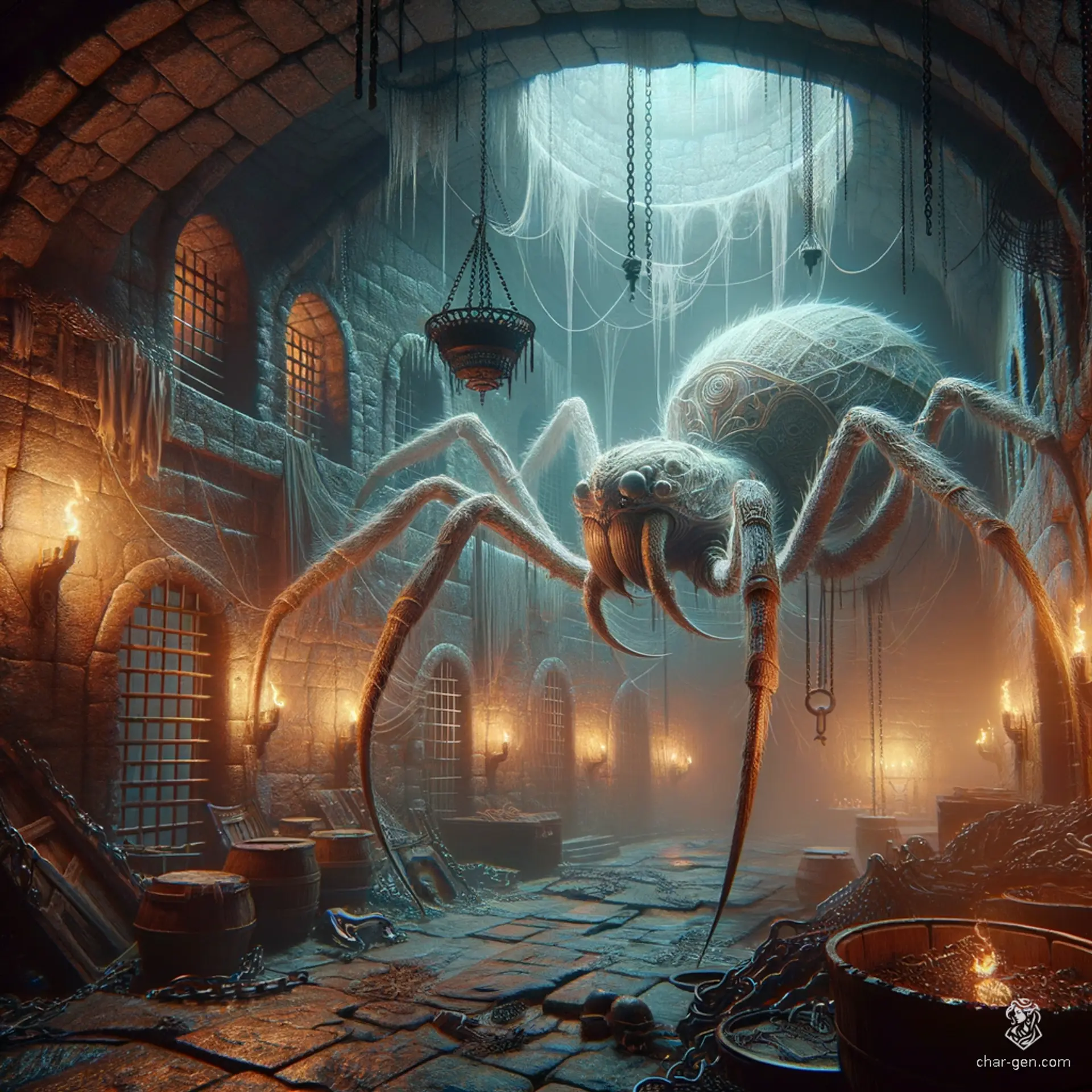 The phase spider, a spider-like entity, boasts translucent, shimmering skin and possesses ethereal abilities, allowing it to blink in and out of existence, making it a formidable and elusive predator in the fantasy realm.