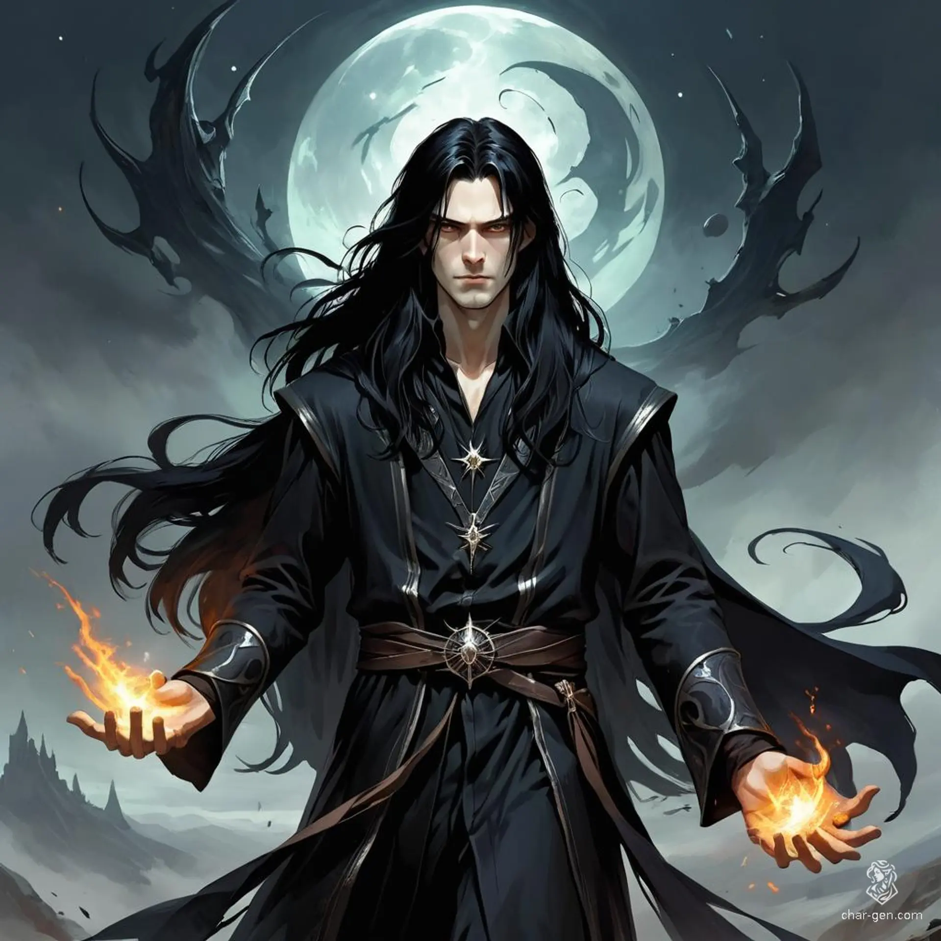 A young male dark wizard cloaked in shadowy black robes, he wields formidable magic with an air of mystery. His long black hair cascades like a dark waterfall, framing a face marked by ambition and secrets. Whispers of his power echo in the darkest corners of the realm.