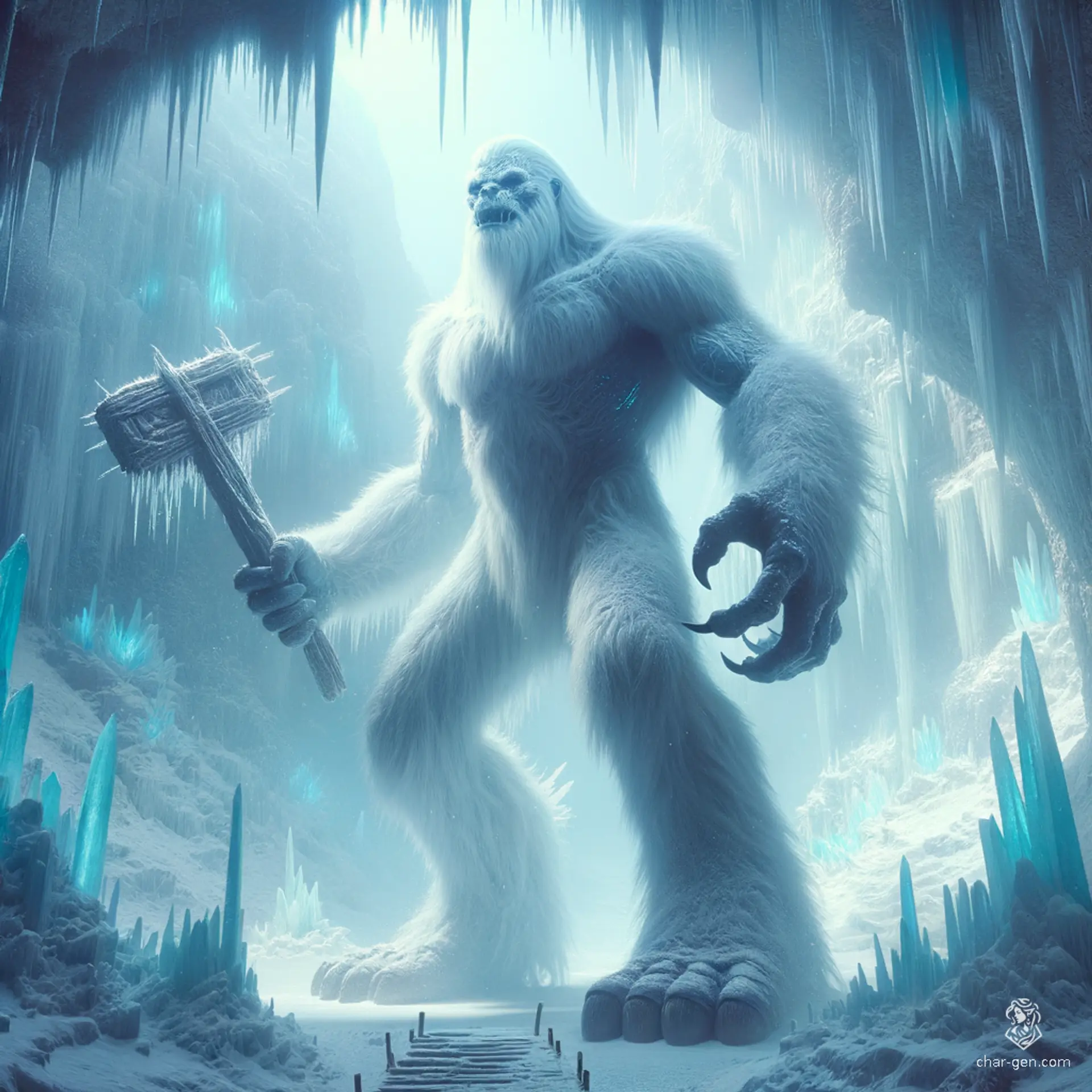 Umaro, the Abominable Yeti barbarian, is a towering, bear-like leviathan covered in thick, weathered white fur. With glowing red eyes, jagged tusks, and massive clawed limbs, he wields a gnarled club, embodying primal fury and relentless power in icy wilderness battles.