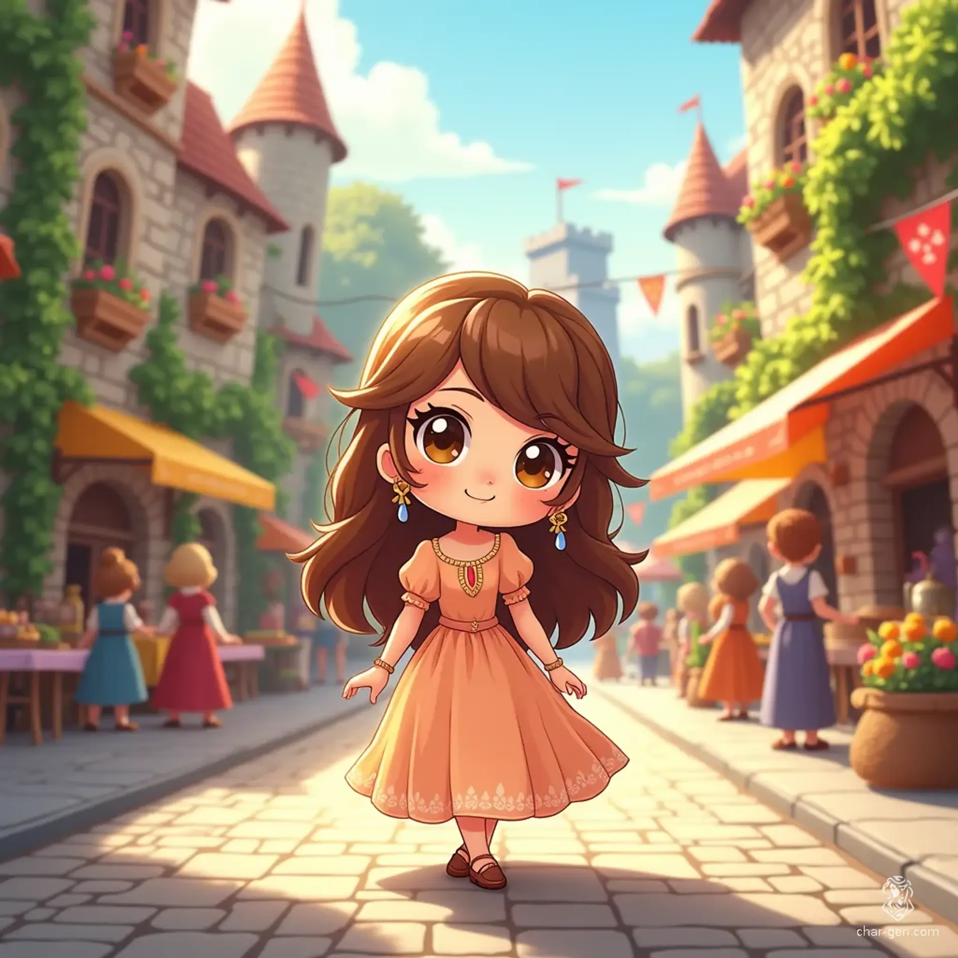 In a vibrant castle town, a charming princess with flowing chestnut hair and a gentle smile gracefully walks through bustling market stalls, dressed in an elegant pastel gown. The warm glow of morning sunlight enhances the cheerful fairy-tale ambiance, surrounded by ivy-clad buildings and blooming flowers.
