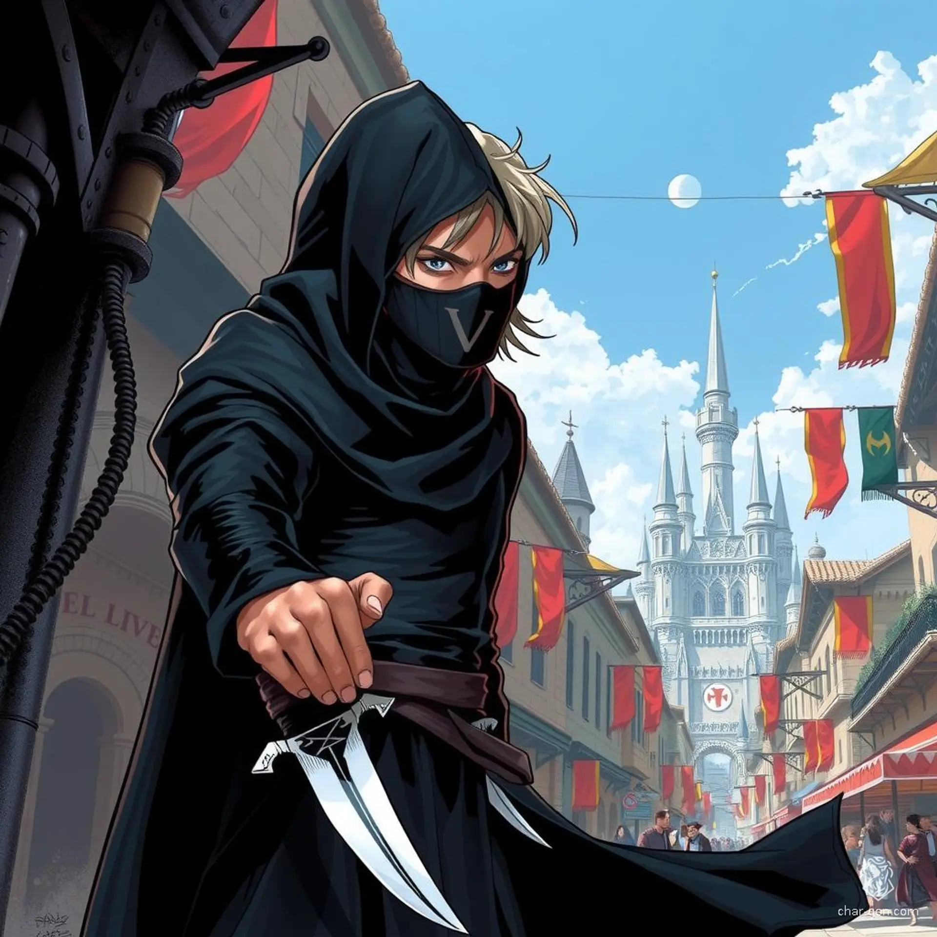 A stealthy, dangerous half-elf assassin with fair skin, wavy hair, and a light-footed stance. Clad in dark clothing and a full face mask marked with "V," he lurks in the shadows, concealing deadly daggers.
