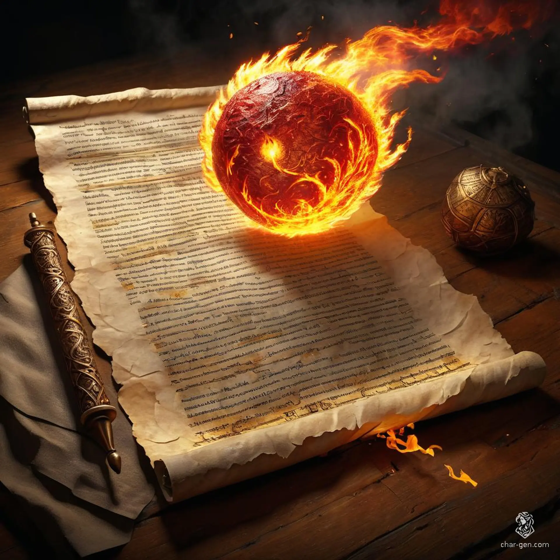 Behold the Fireball Scroll: a parchment glowing with intricate, fiery runes. In photorealistic detail, every symbol sparks with latent power. Unfurl it to unleash an inferno, transforming words into searing flames that can engulf entire armies.