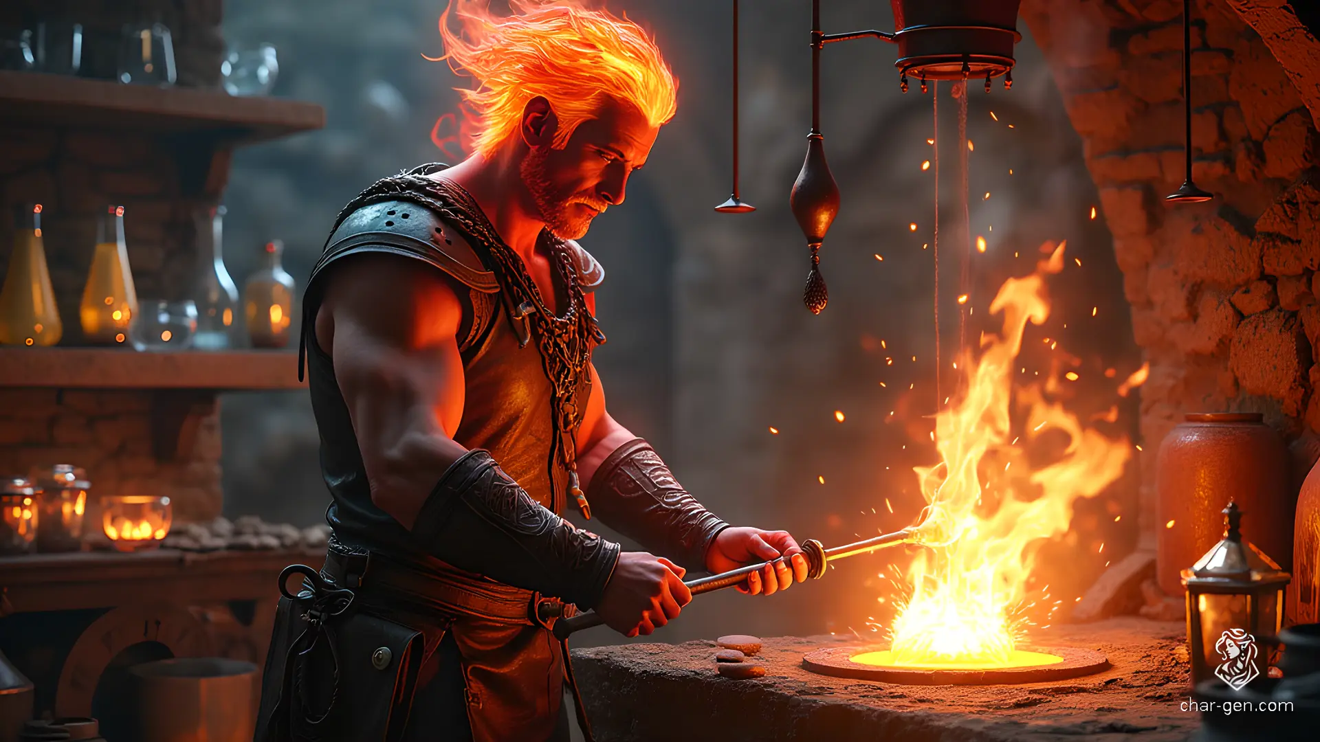 A striking fire genasi glassblower, this male has dark red, flaming nebula skin and hair made of flames. Amid vibrant glassware, he skillfully shapes molten glass with a blowpipe, his fiery appearance contrasting sharply against the glistening creations.