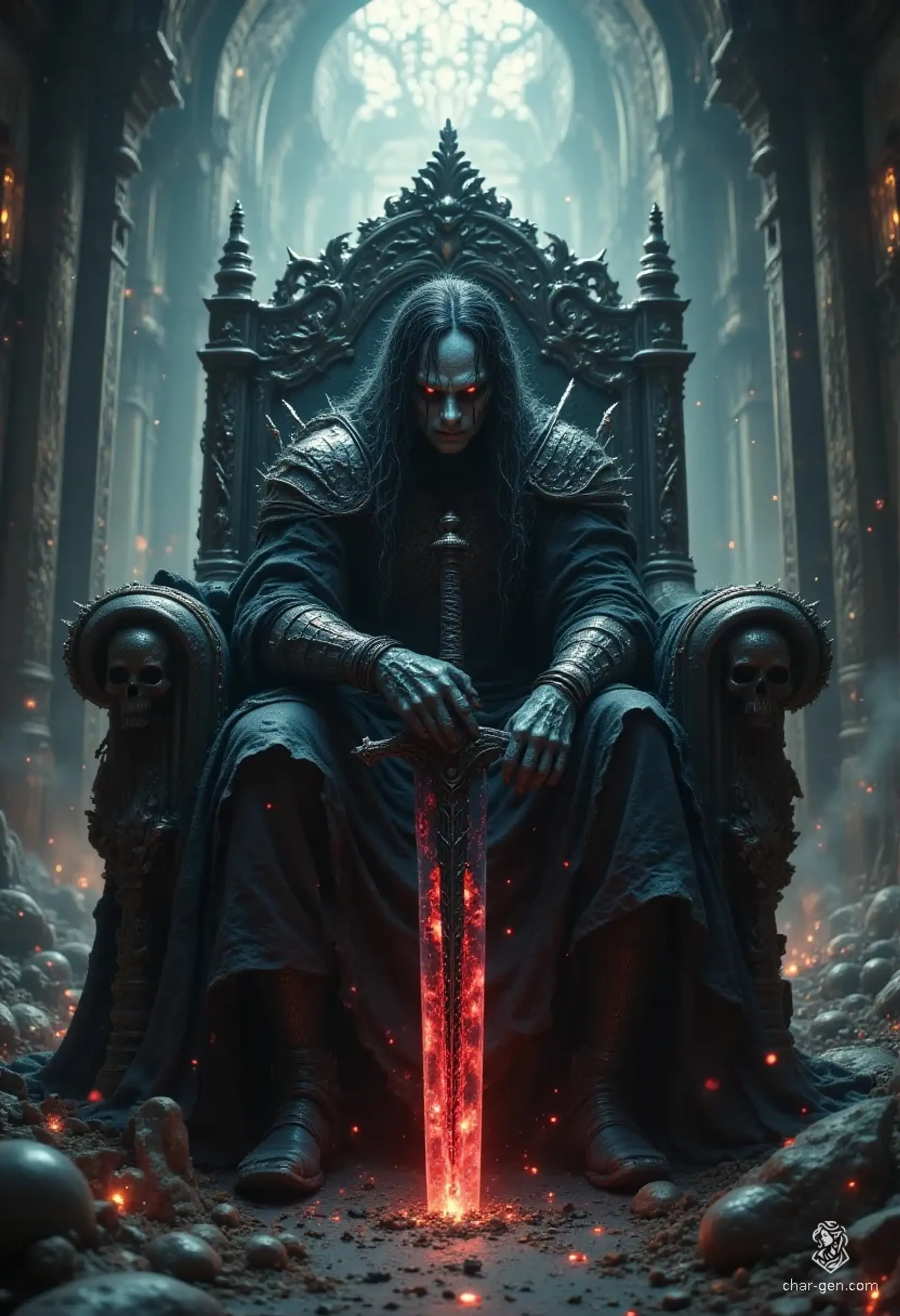 Sanguinus, a terrifying vampire anti-paladin and servant of Zon-Kuthon, commands from an obsidian throne. His undead, muscular form with pale, decaying skin, glowing red eyes, and spiked dark armor exudes dark authority. Wielding a ghostly black sword, he rules over death and shadows.