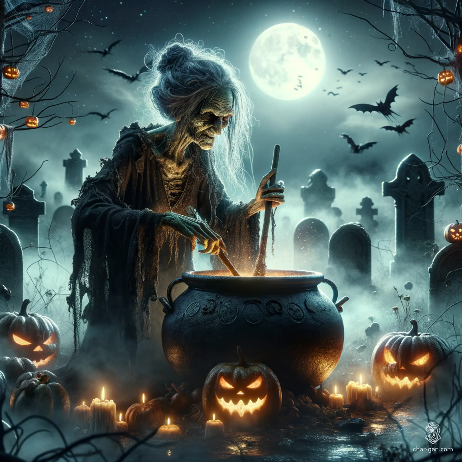 The ancient hag, with her gnarled features and wild, tangled hair, stirs a bubbling cauldron, a cunning glint in her pale, weathered eyes. Her eerie, pale skin contrasts with the dark, twisting herbs she brews, hinting at dark magic and ominous secrets.