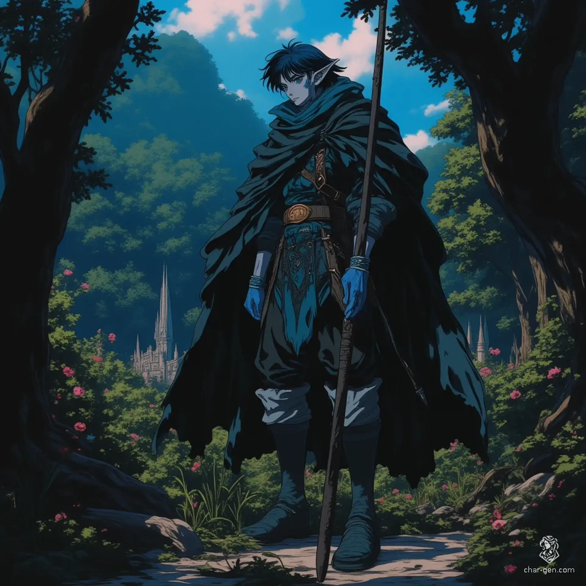 Bob Tschigerillo, an 18-year-old Summer Elf barbarian, boasts sun-kissed golden skin and jet-black hair. With light blue skin and striking grey-blue eyes, he wields a quarterstaff with strength and resilience. A devoted protector of his tribe, he values nature and embraces life’s chaotic changes while battling his love for intoxicants.