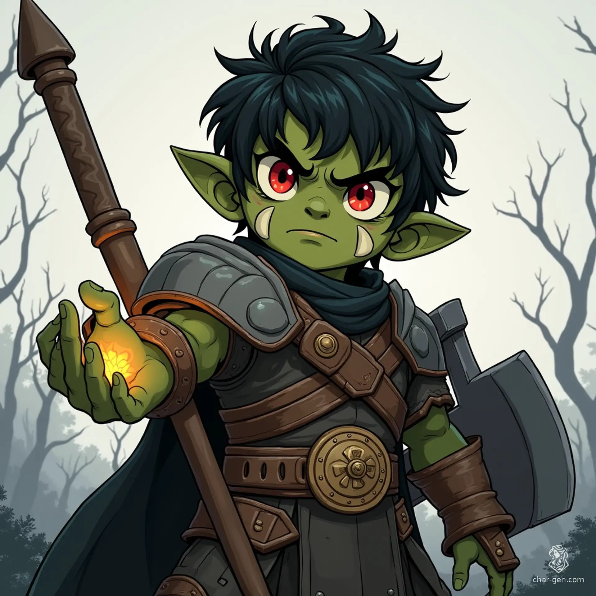 A somber orc warrior stands with an outstretched hand toward the heavens, a faint divine glow illuminating his palm. Clad in dark plate armor, his prominent tusks and fierce red eyes reflect a strong, determined spirit, ready to seek divine favor for his battles ahead.