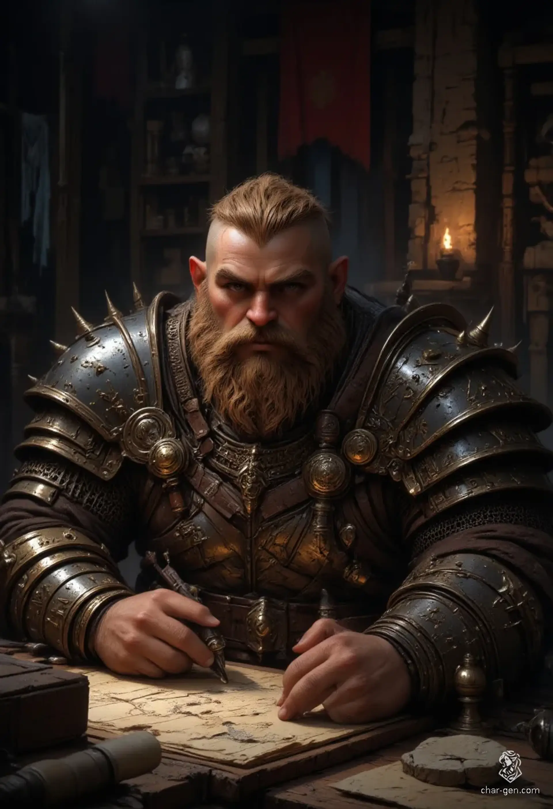 A confident young tan-skinned dwarf scout with a shaved head and short beard, clad in light armor. A skilled hunter and cartographer, they lean over maps and compasses in a dim military tent, tracking prey across forests and mountains with sharp eyes and determined resolve.