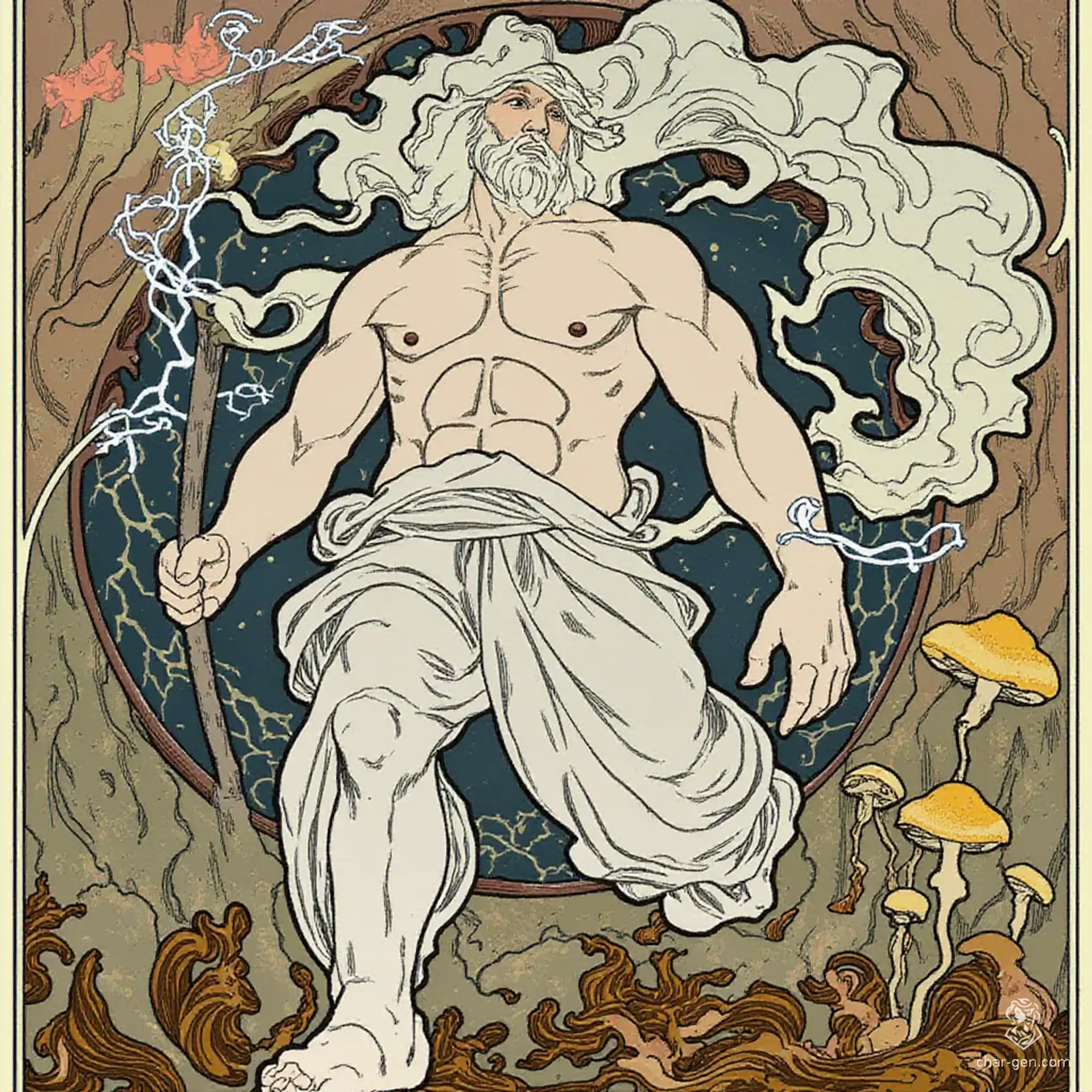 A towering cloud giant emerges from the cavern, radiating power with his massive, regal frame adorned in a cloud-like texture. His long, flowing white hair dances with the winds, and with a crackling staff in hand, he commands the thunder and lightning that surround him.