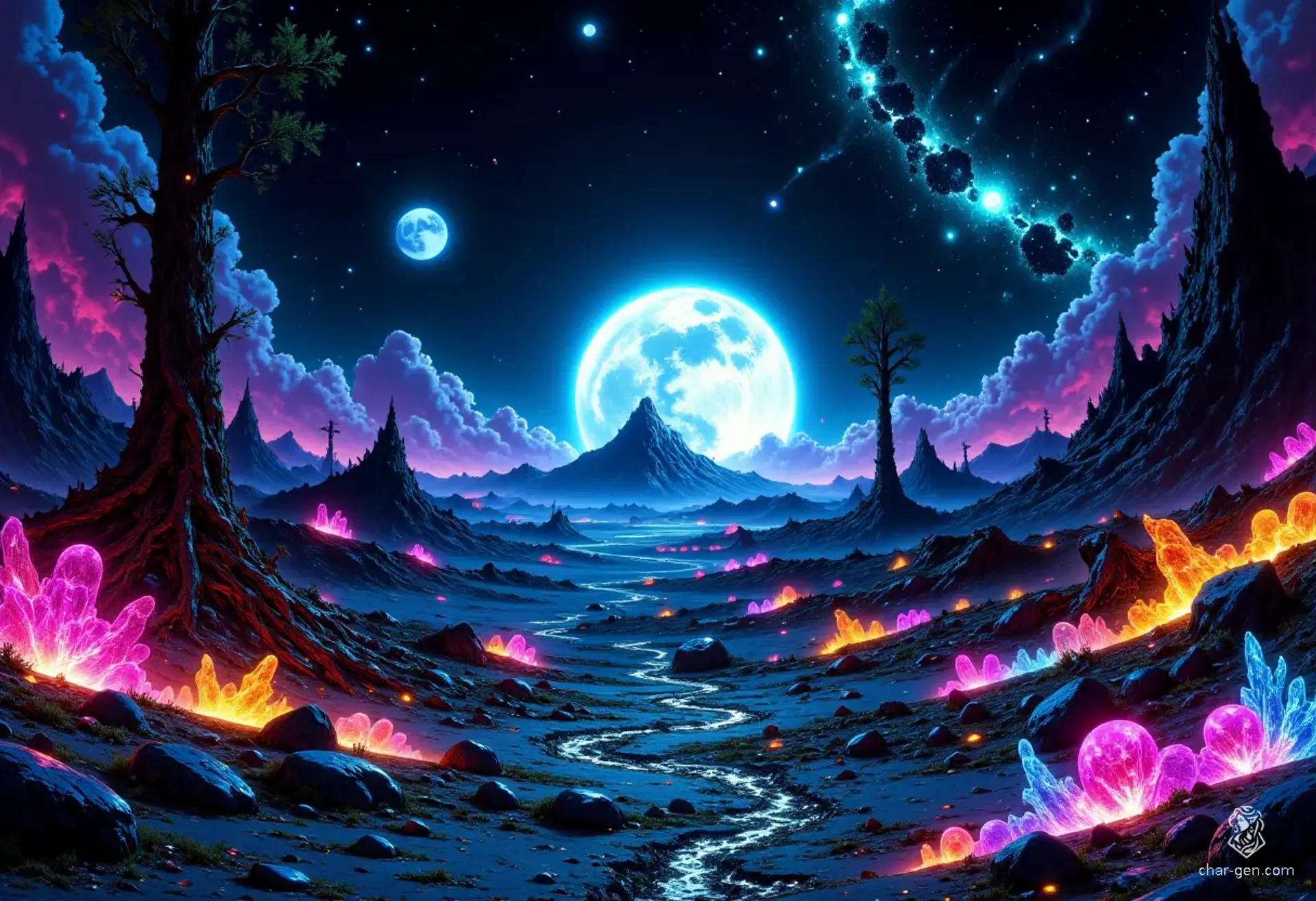 A desolate planet bathed in the eerie glow of an alien moon, surrounded by swirling nebulae. Twisted flora sprouts from cracked soil, while the remnants of ancient ruins peek through a hazy mist. Distant moons shimmer in a clear black sky, hinting at forgotten mysteries.
