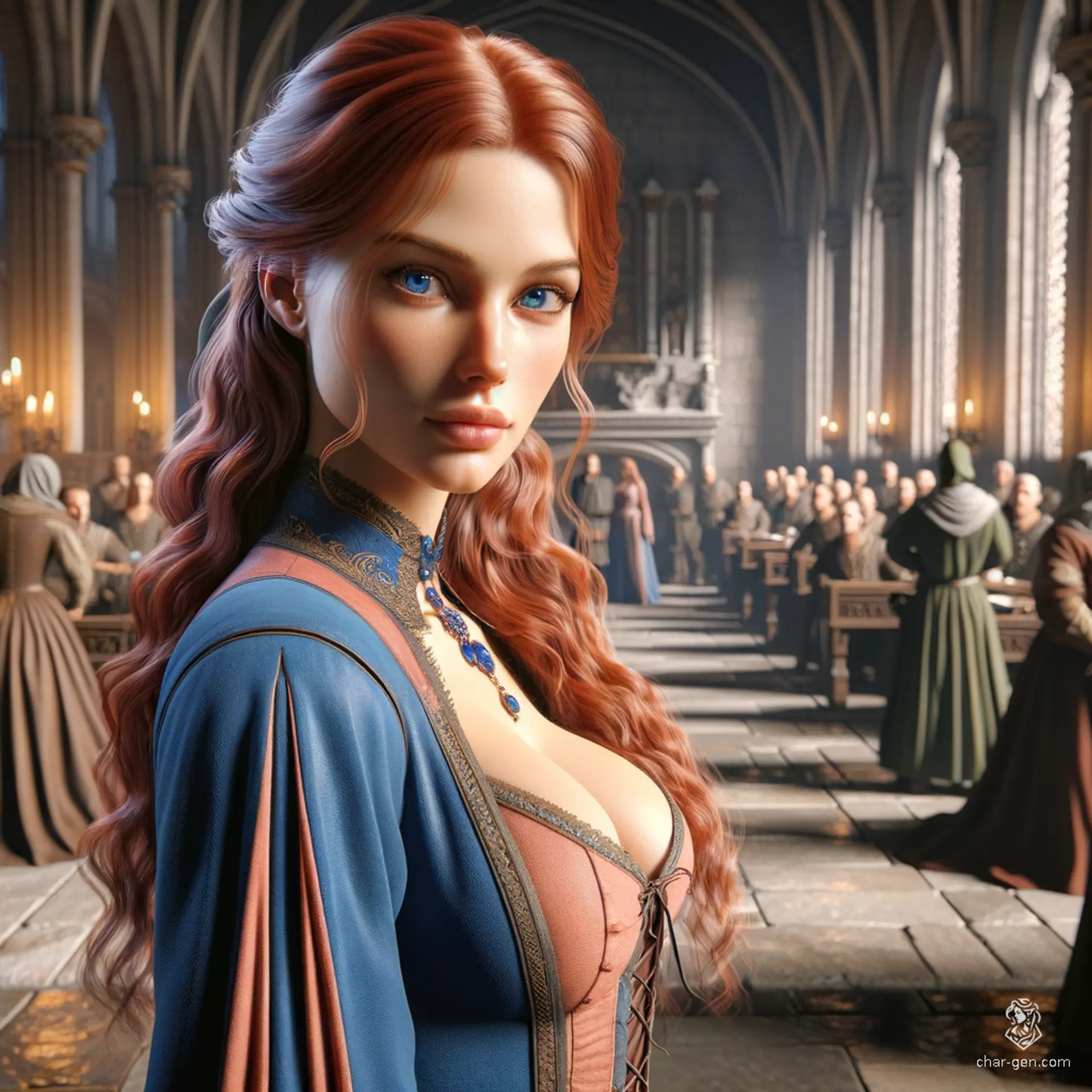 A fair-skinned female spy with wavy red hair in a bun and blue eyes, blending effortlessly into crowds. Disguised in cobalt and peach servant attire, she eavesdrops and carries secret messages.