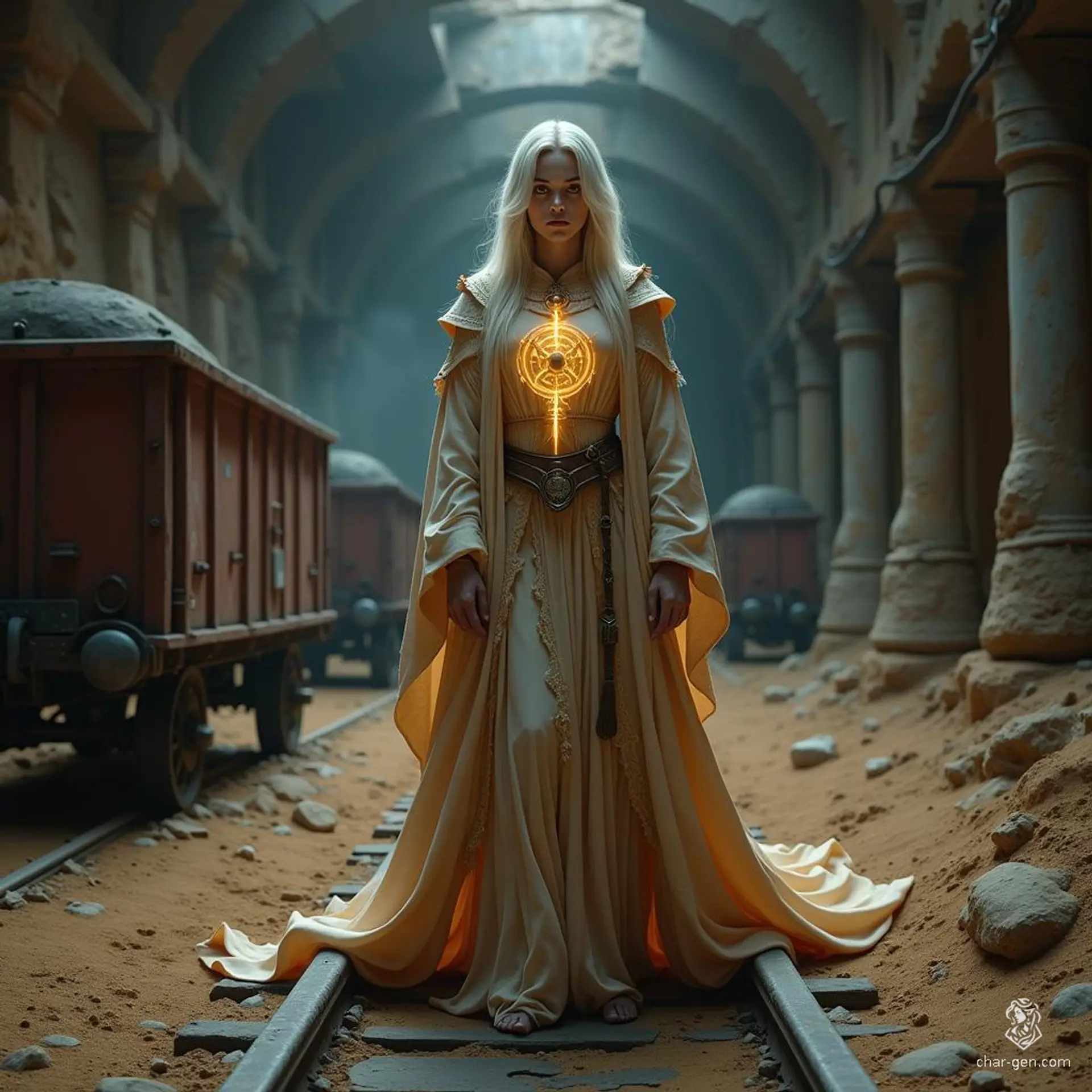 An ethereal aasimar cleric, this holy woman radiates a gentle glow, embodying calm and compassion. Her angelic features are accentuated by unusual colored eyes, reflecting her divine connection. With a prominent holy symbol at her side, she guides others with wisdom and serenity.