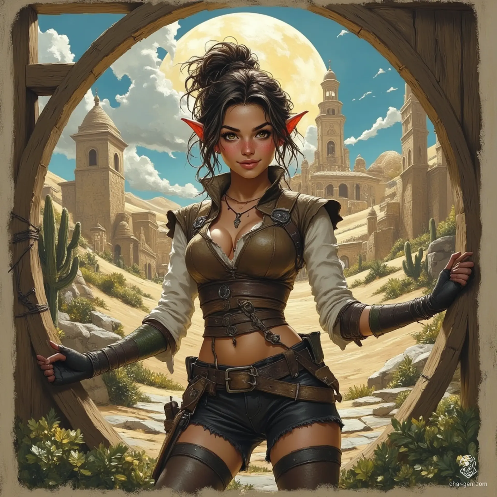 Izzy, a perky young halfling assassin, blends lethal beauty with a dangerous intellect. Standing 1.5 meters tall, her snake-like yellow-green eyes and green snake-scale tattoos hint at her lethal expertise. Dressed in a snug brown leather tunic, she lurks in shadows, ready to strike with her concealed daggers.