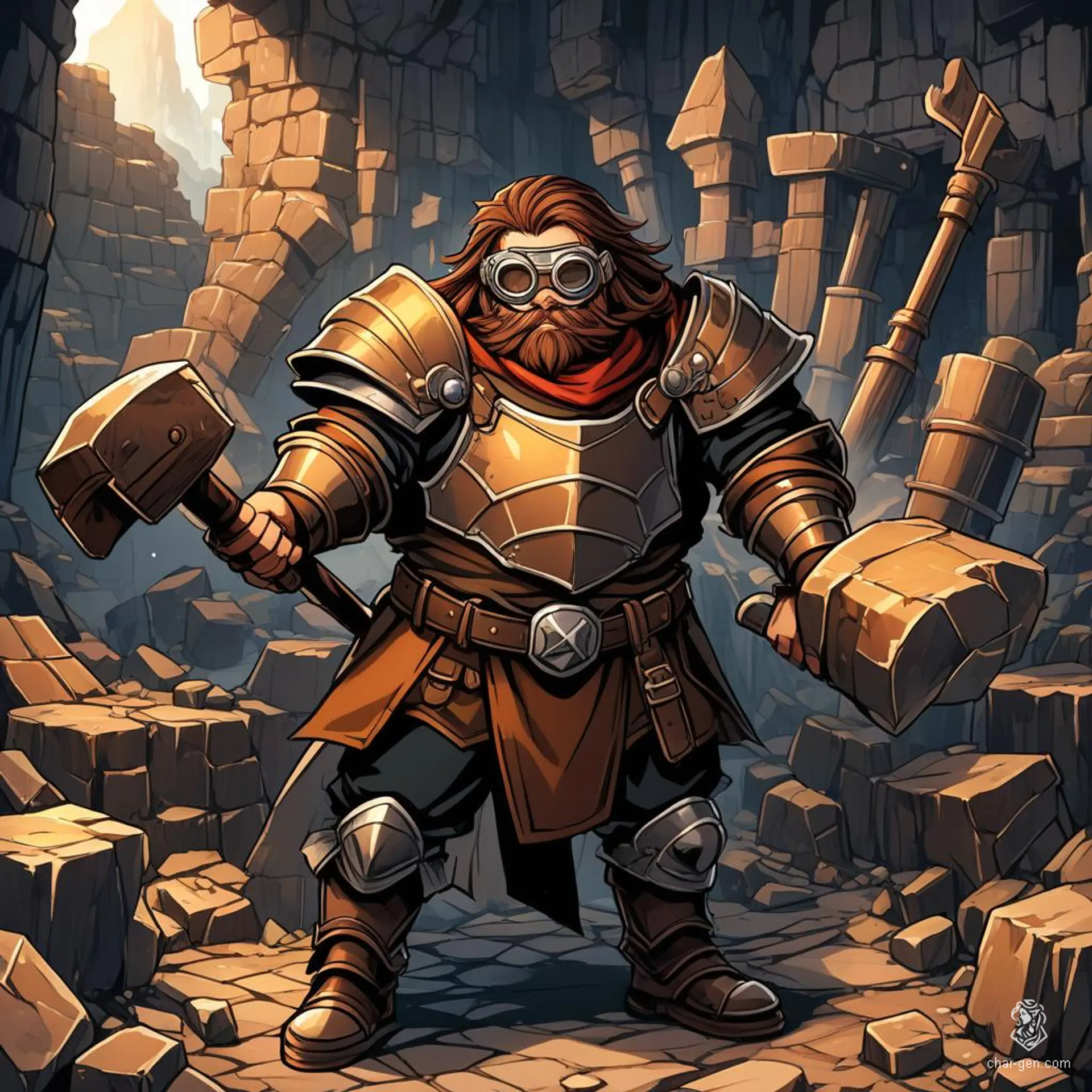 A skilled dwarf artificer with brown hair, known for his intricate goggles and face mask, meticulously crafts armor in his forge. Surrounded by suits of armor, hammers, and anvils, he dedicates his craftsmanship to providing warriors with unparalleled protection.
