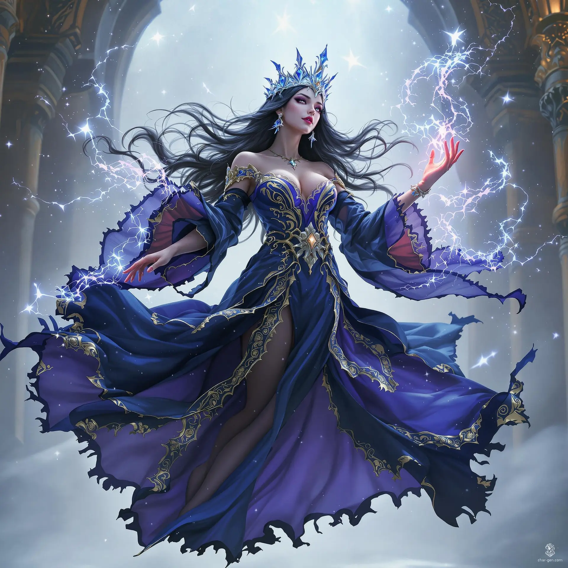This ethereal and commanding fantasy figure floats gracefully midair, adorned in dark blue and violet robes lined with gold and faint red glow. Her serene expression under a spiked silver-blue crown exudes queenly mystique, with magic trailing from her torn robe edges and delicate, bejeweled hand.