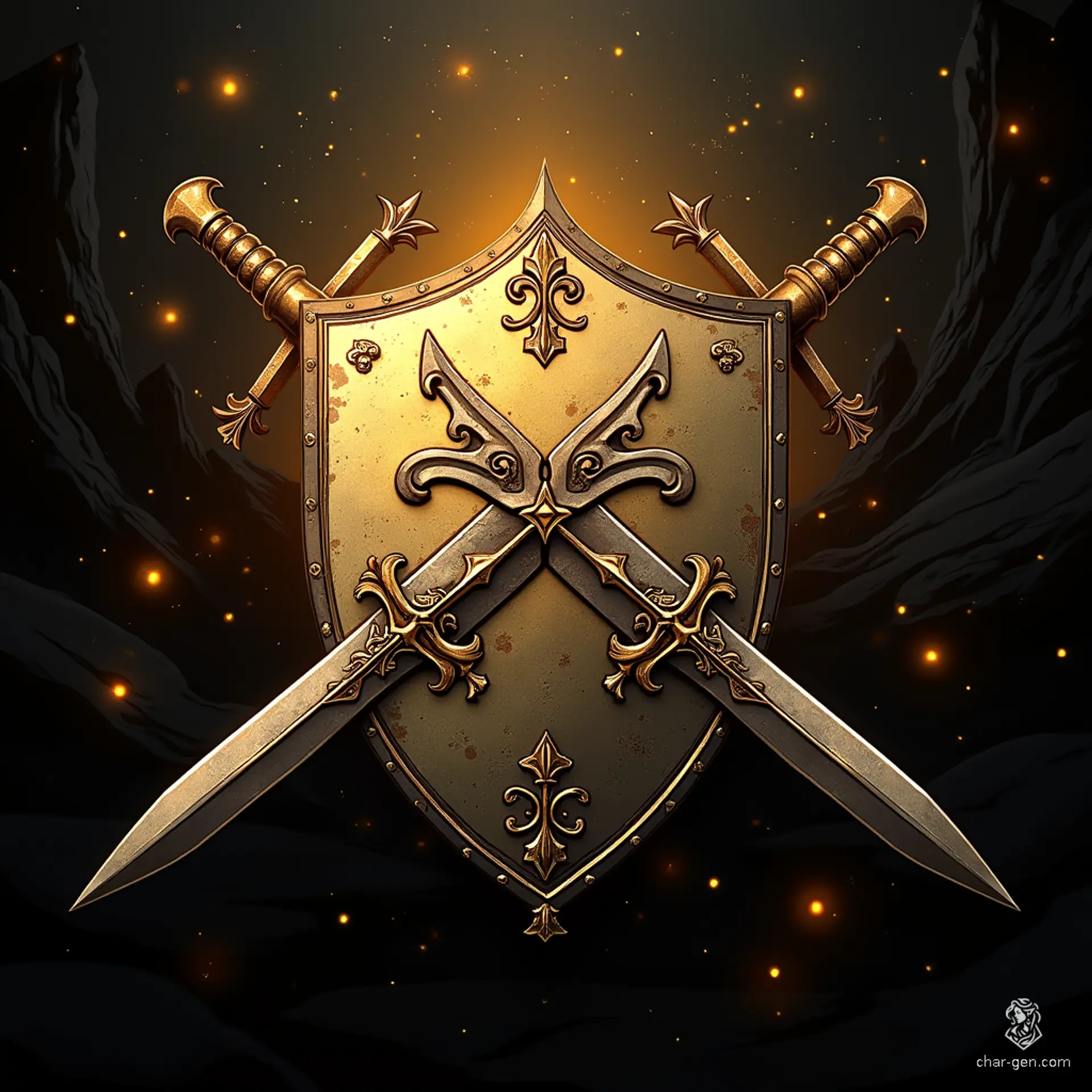 Beneath a shimmering gold-yellow sky, a medieval shield emblazoned with elaborate runes stands proudly. Surrounding it, entwined swords rest atop gnarled wooden roots, while shadows dance dramatically across the vibrant, enchanted landscape, creating an atmosphere of storied grandeur and ancient lore.