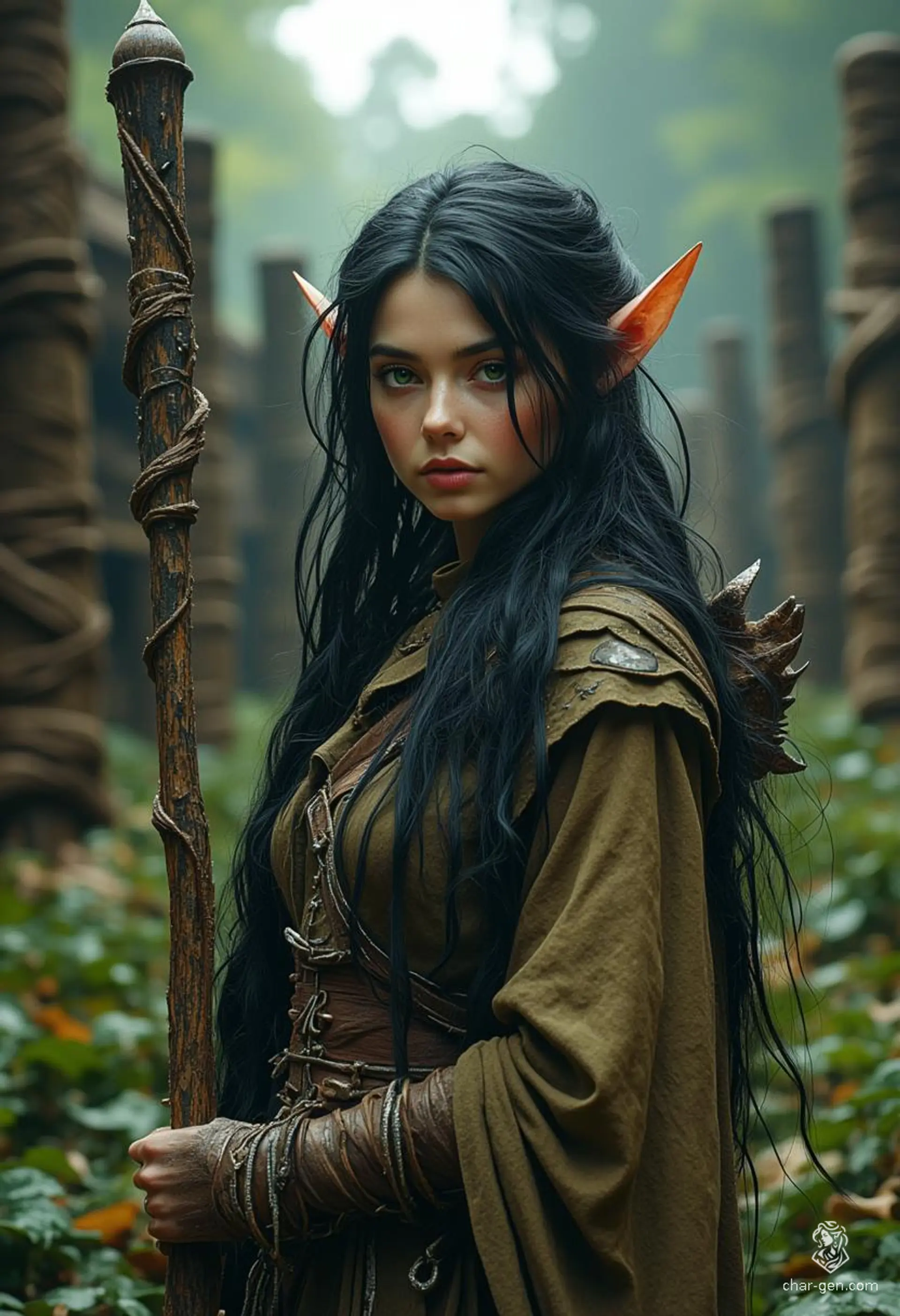 Vex'ahlia, a nimble half-elf ranger, navigates the shadows of the woods with unmatched agility. Abandoned and misunderstood, she finds solace in nature and companionship with a bear. At 21, with jet-black hair and keen brown eyes, she thrives as a skilled hunter, embracing her outlander spirit.