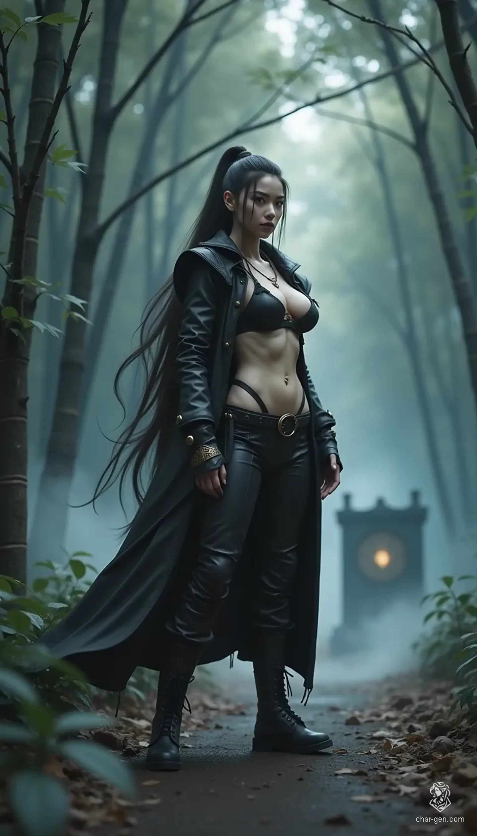 Sirona Scathach is a towering yuan-ti fighter and monk, exuding confidence in her striking pose. With a snake-like head and intricate rune tattoos, she masters martial arts in a bamboo forest, showcasing her immense strength and agility while clad in a sleek black ensemble.