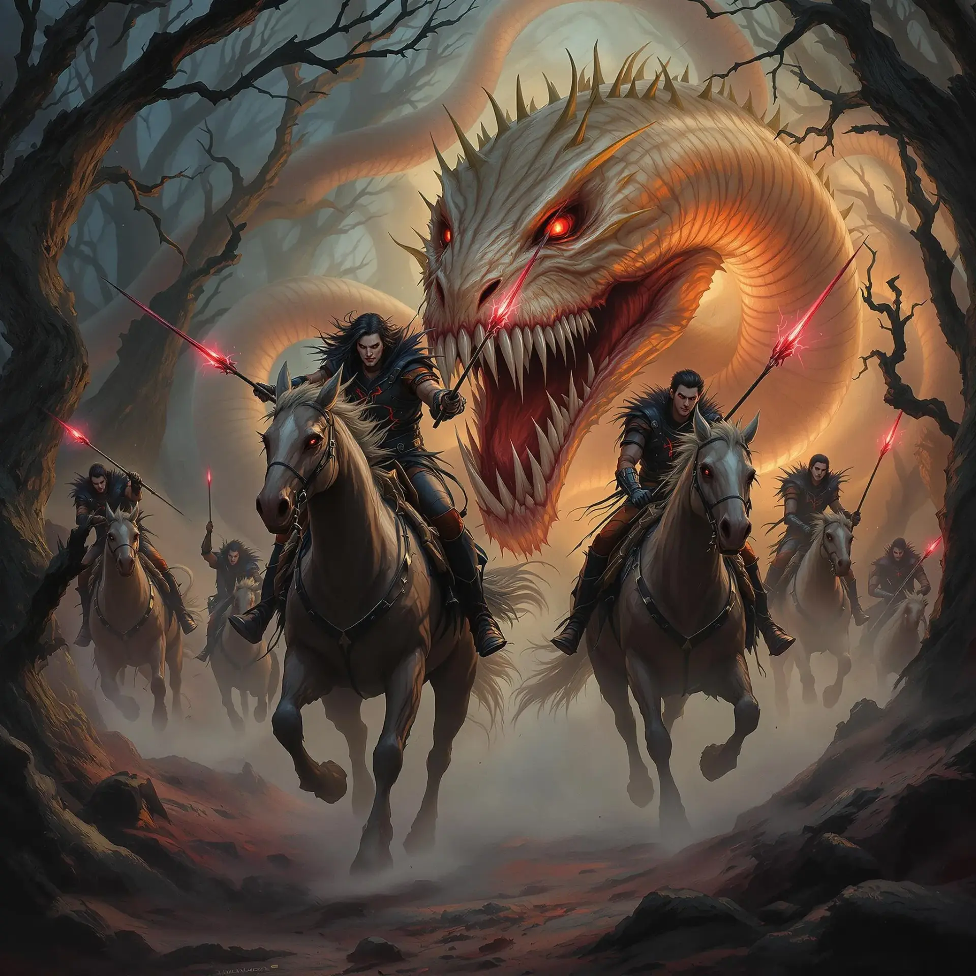 In a vivid, painterly portrait, shadowy vampires mounted on misty steeds chase a monstrous Flesh Wyrm through a cursed forest. The scene bursts with rich colors and dynamic energy, highlighting the eerie beauty of the dark mist, armored figures, and the grotesque beast's ghastly features.
