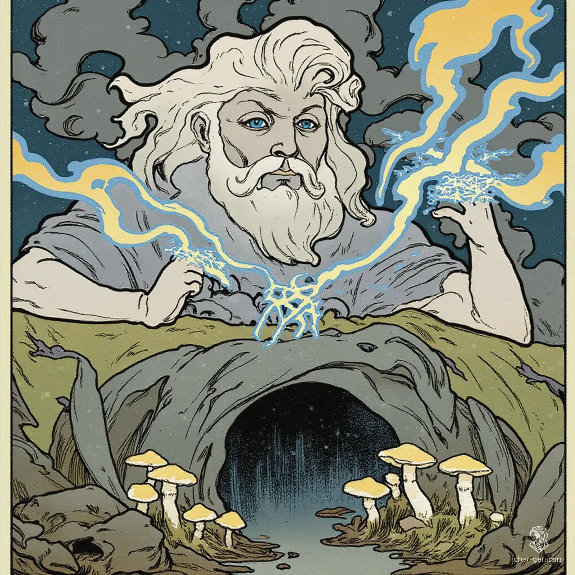 Amidst a tempestuous sky, a towering cloud giant looms, its massive form woven from swirling mist and dark thunderclouds. With glowing eyes that radiate wisdom, it commands storms, while crackling hands summon lightning, illuminating its regal silhouette against the rolling clouds. A true force of nature.