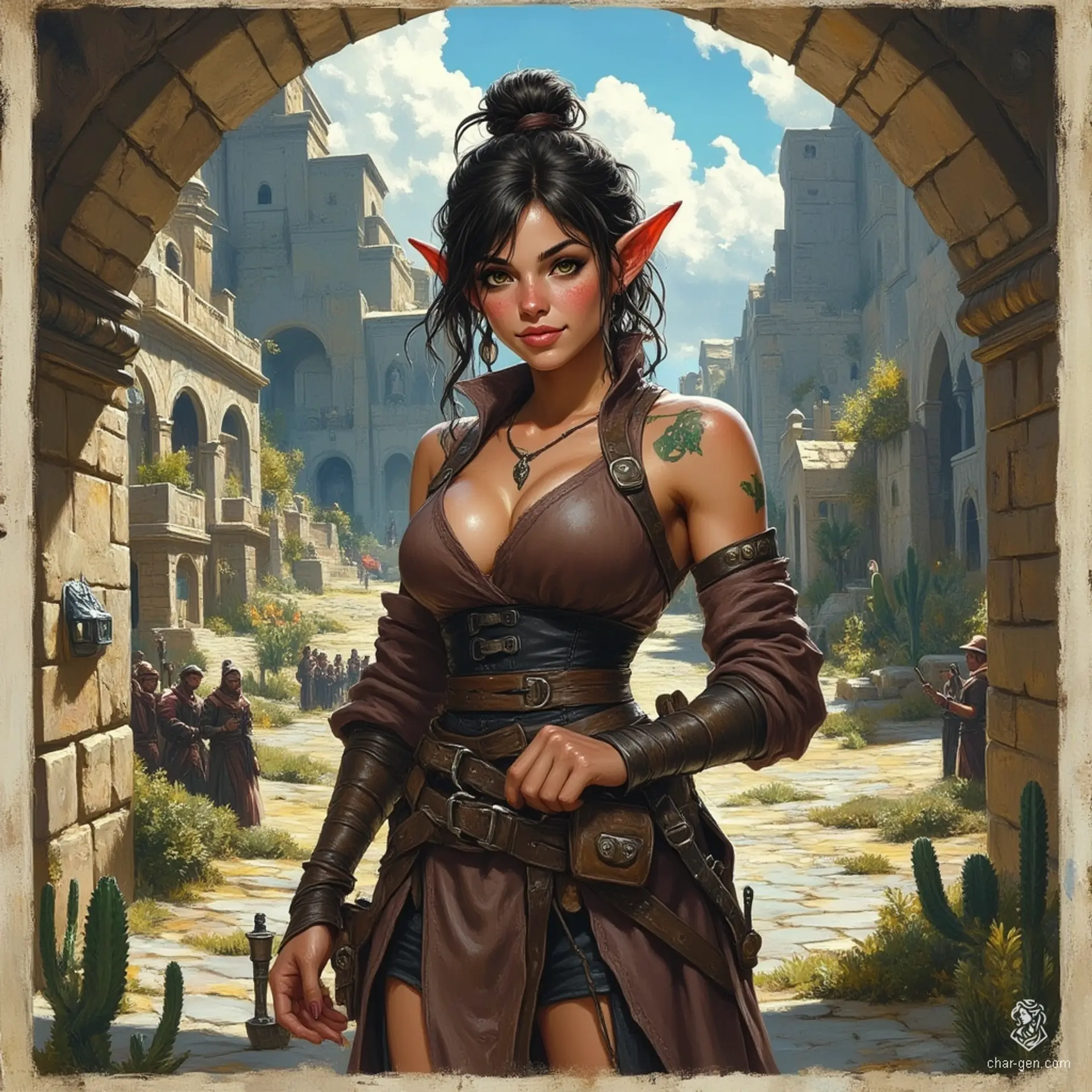 Izzy, a perky young halfling assassin, blends lethal beauty with a dangerous intellect. Standing 1.5 meters tall, her snake-like yellow-green eyes and green snake-scale tattoos hint at her lethal expertise. Dressed in a snug brown leather tunic, she lurks in shadows, ready to strike with her concealed daggers.
