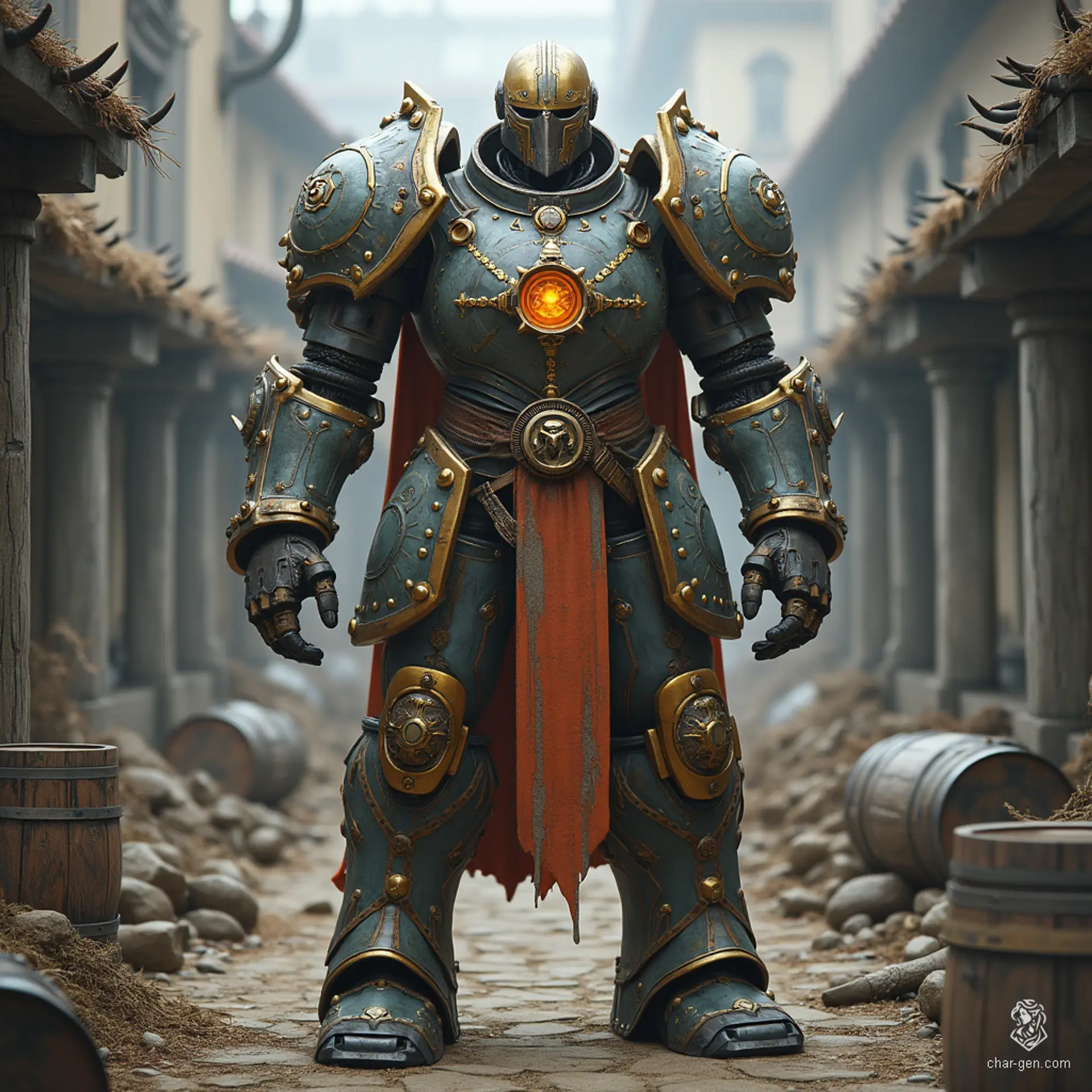 A Warforged Paladin, this medieval fantasy robot is crafted from wood, metal, and stone, adorned with glowing magical symbols. Driven by a blend of gears, pulleys, and magic, it exudes a dignified aura and adopts a protective stance, embodying unwavering duty and steadfast honor.