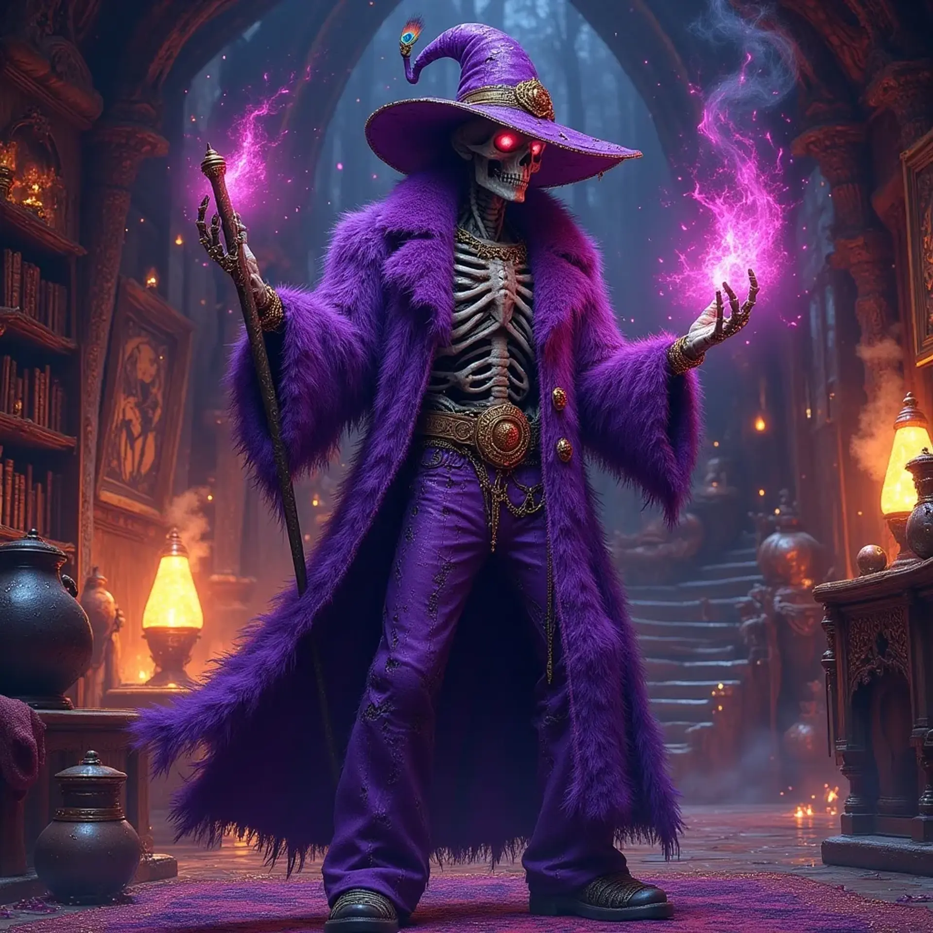 Alabaster Bones, the undead lich wizard, struts through his lair draped in a flamboyant purple fur coat and platform shoes. With a leopard skin-hatband and a dazzling pimp cane staff, he blends necromancy with 1970s blaxploitation flair, surrounded by arcane tomes and vibrant lava lamps.